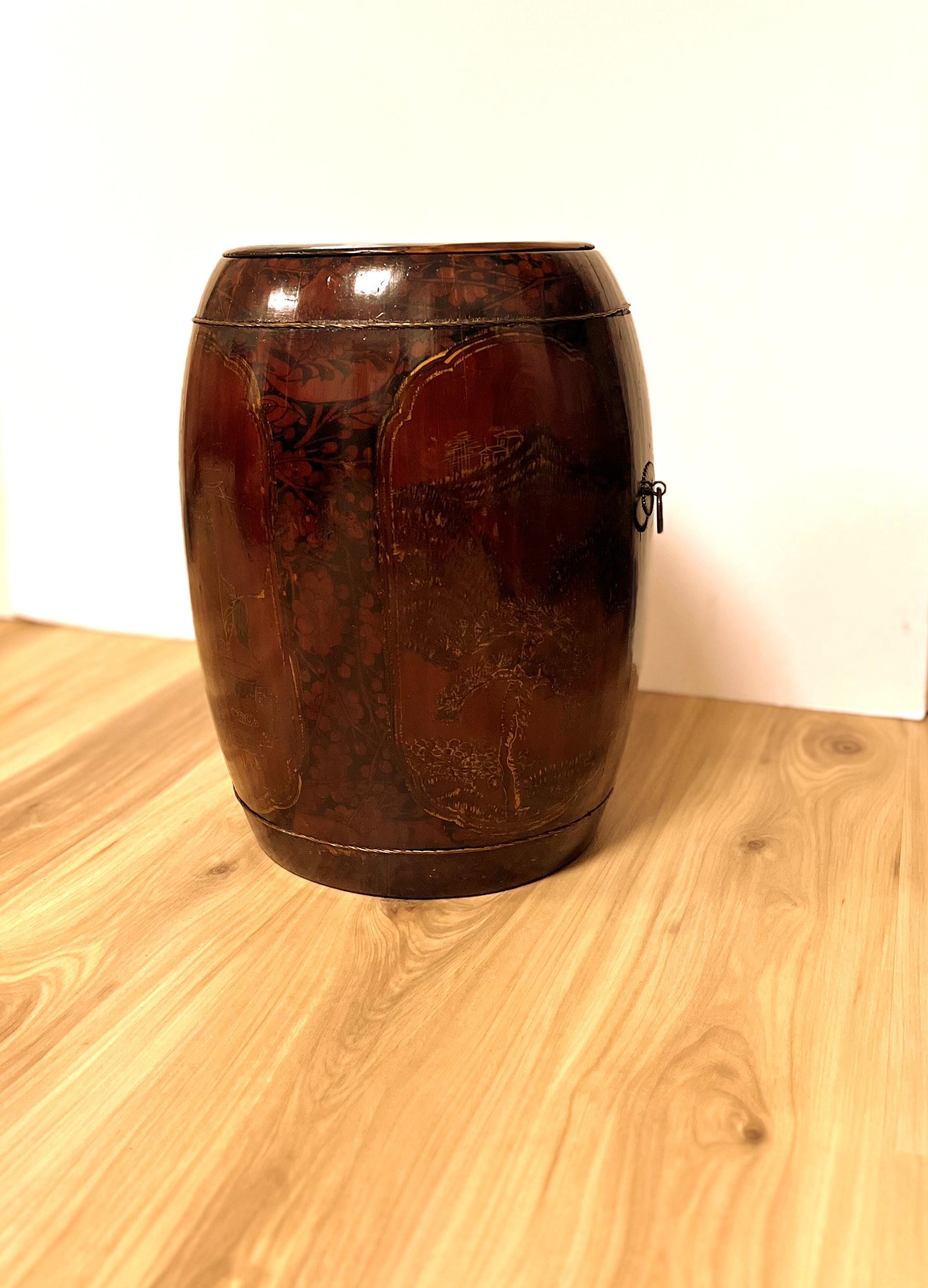 Chinese Asian Painted and Gilt Grain Barrel For Sale