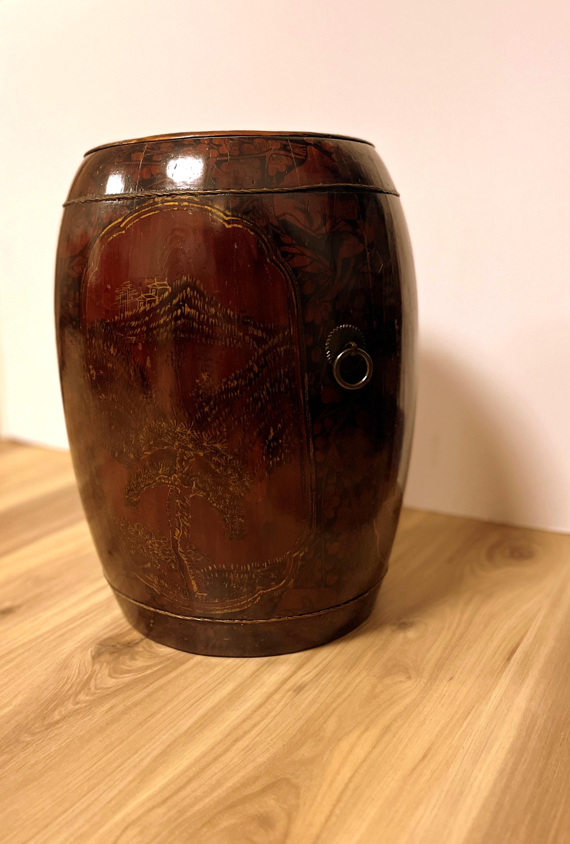 Polished Asian Painted and Gilt Grain Barrel For Sale