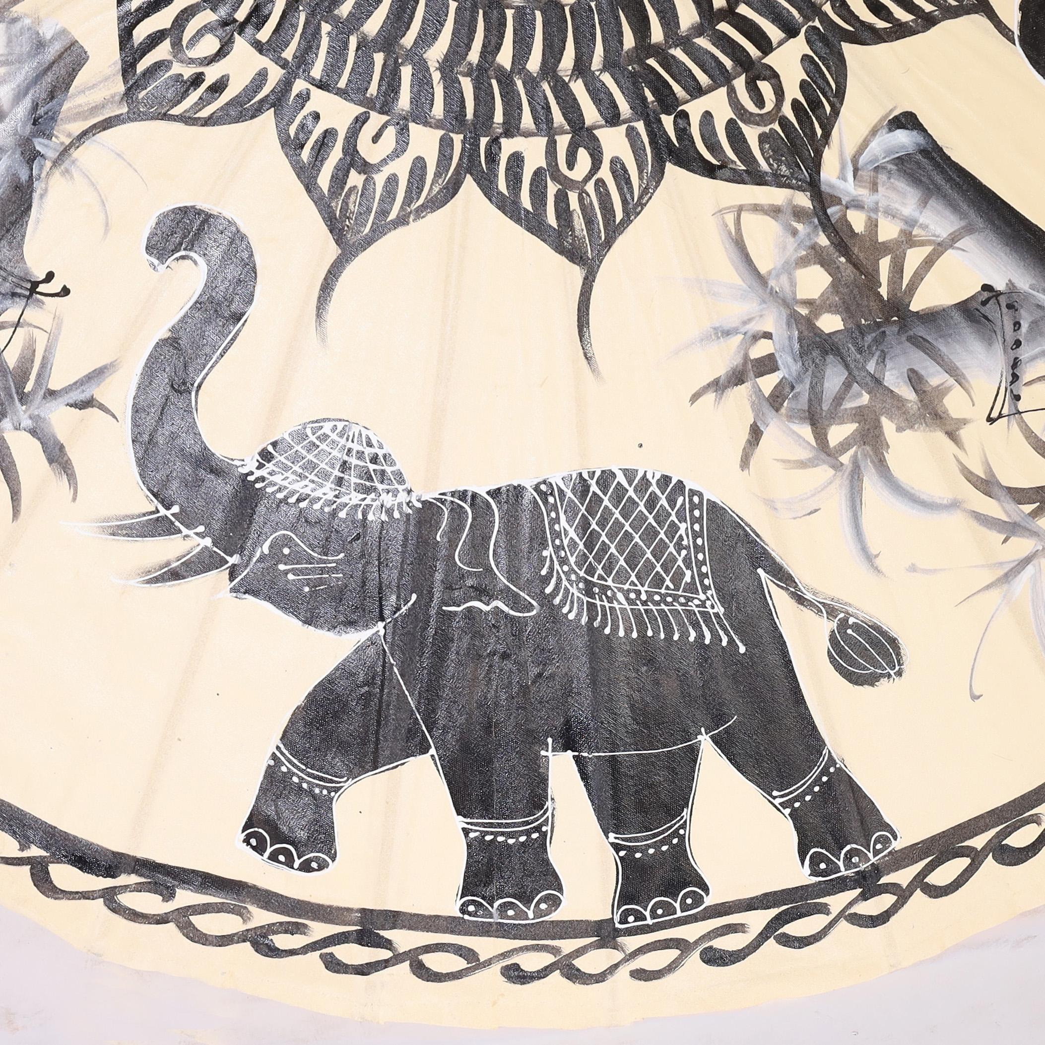 Modern Asian Painted Parasol with Elephants and Bamboo