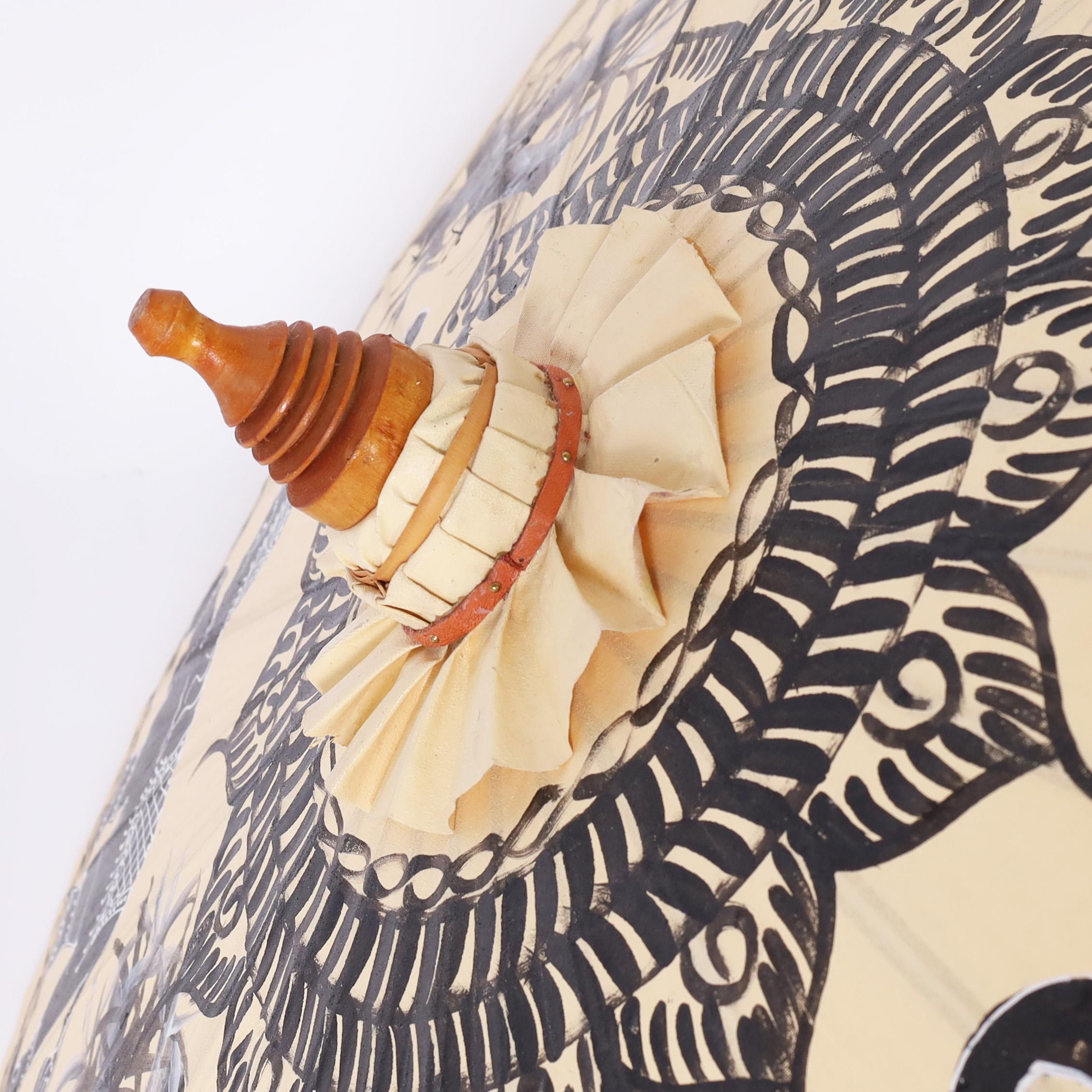 Hand-Painted Asian Painted Parasol with Elephants and Bamboo