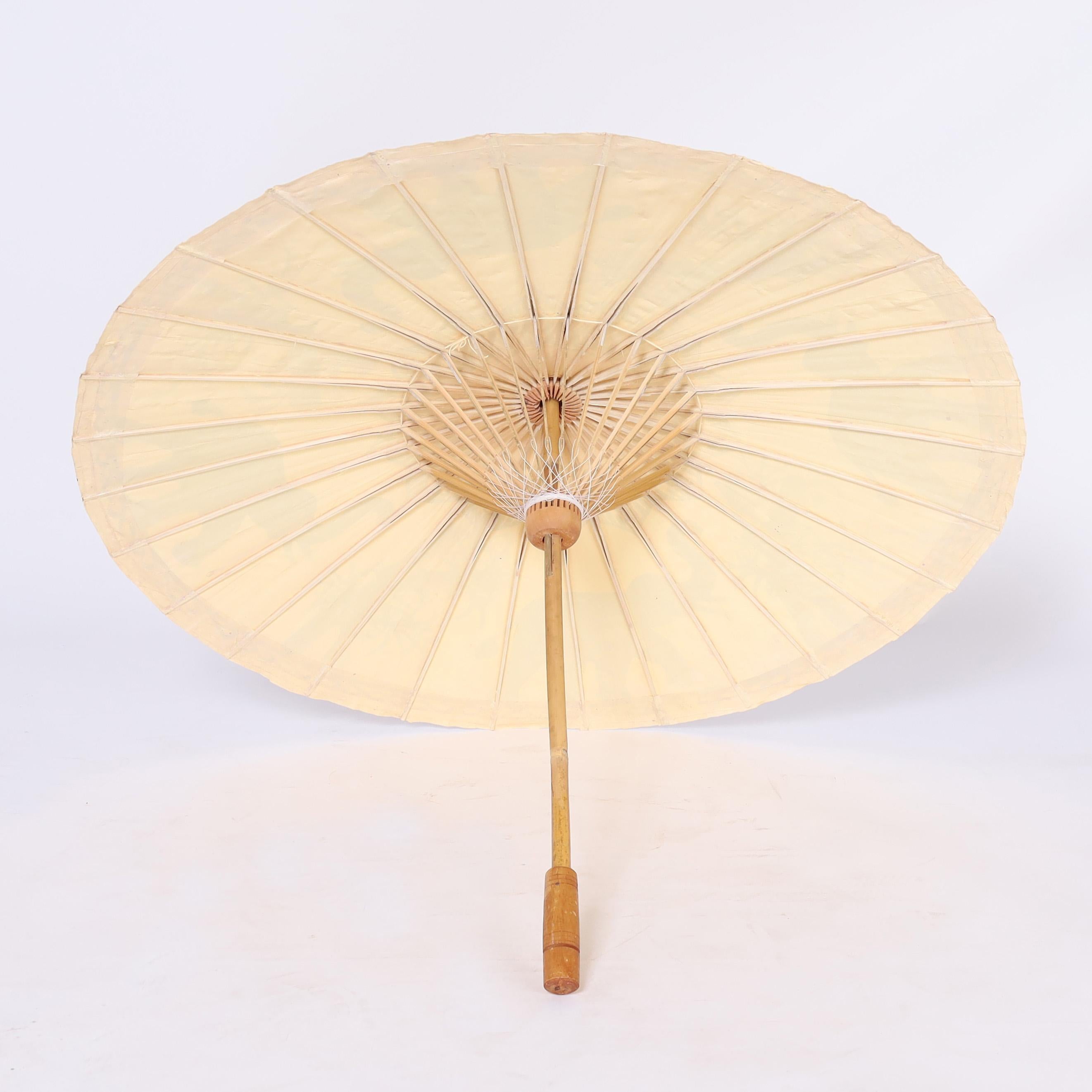 20th Century Asian Painted Parasol with Elephants and Bamboo