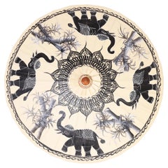 Vintage Asian Painted Parasol with Elephants and Bamboo