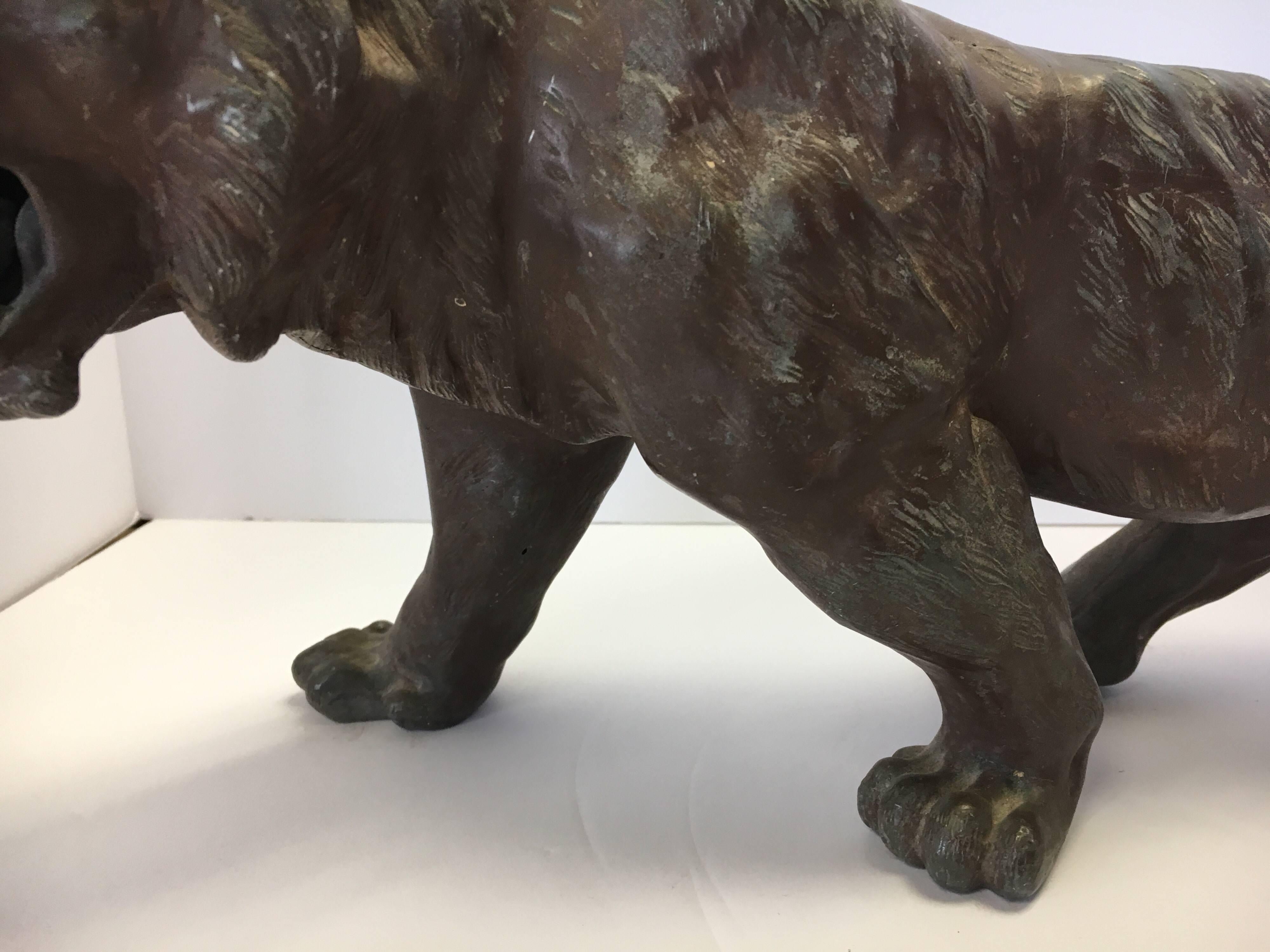 Chinese Export Asian Panther Lion Tiger Ebony Gunmetal Sculpture, Late 19th Century