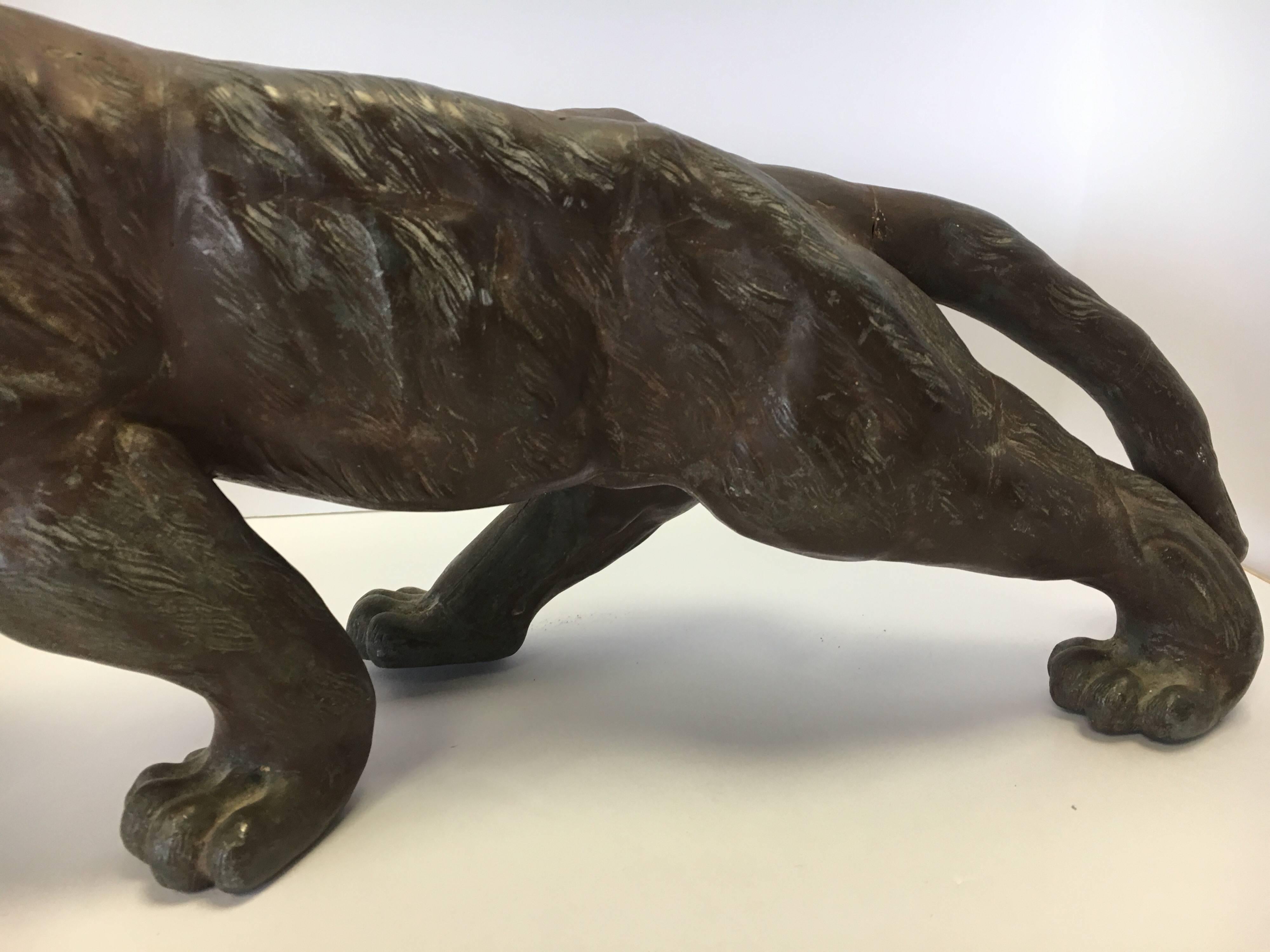 Chinese Asian Panther Lion Tiger Ebony Gunmetal Sculpture, Late 19th Century