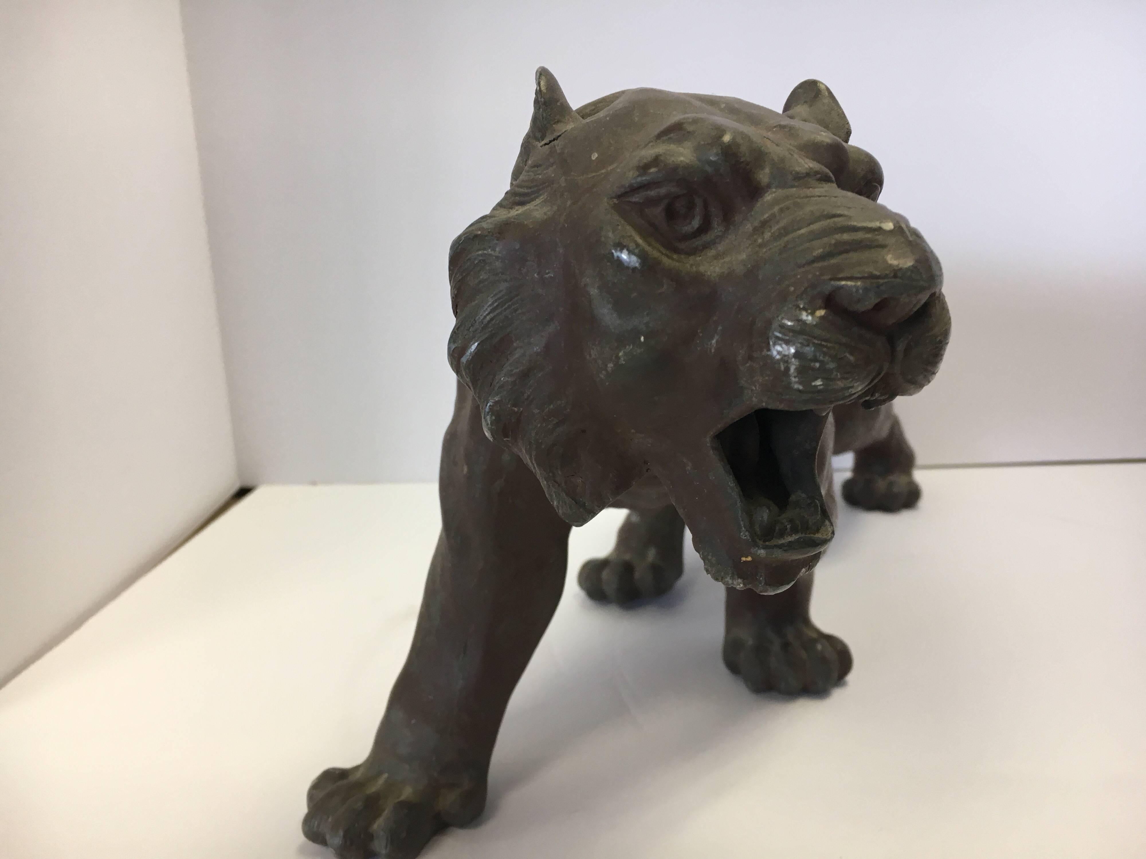 Asian Panther Lion Tiger Ebony Gunmetal Sculpture, Late 19th Century In Excellent Condition In West Hartford, CT