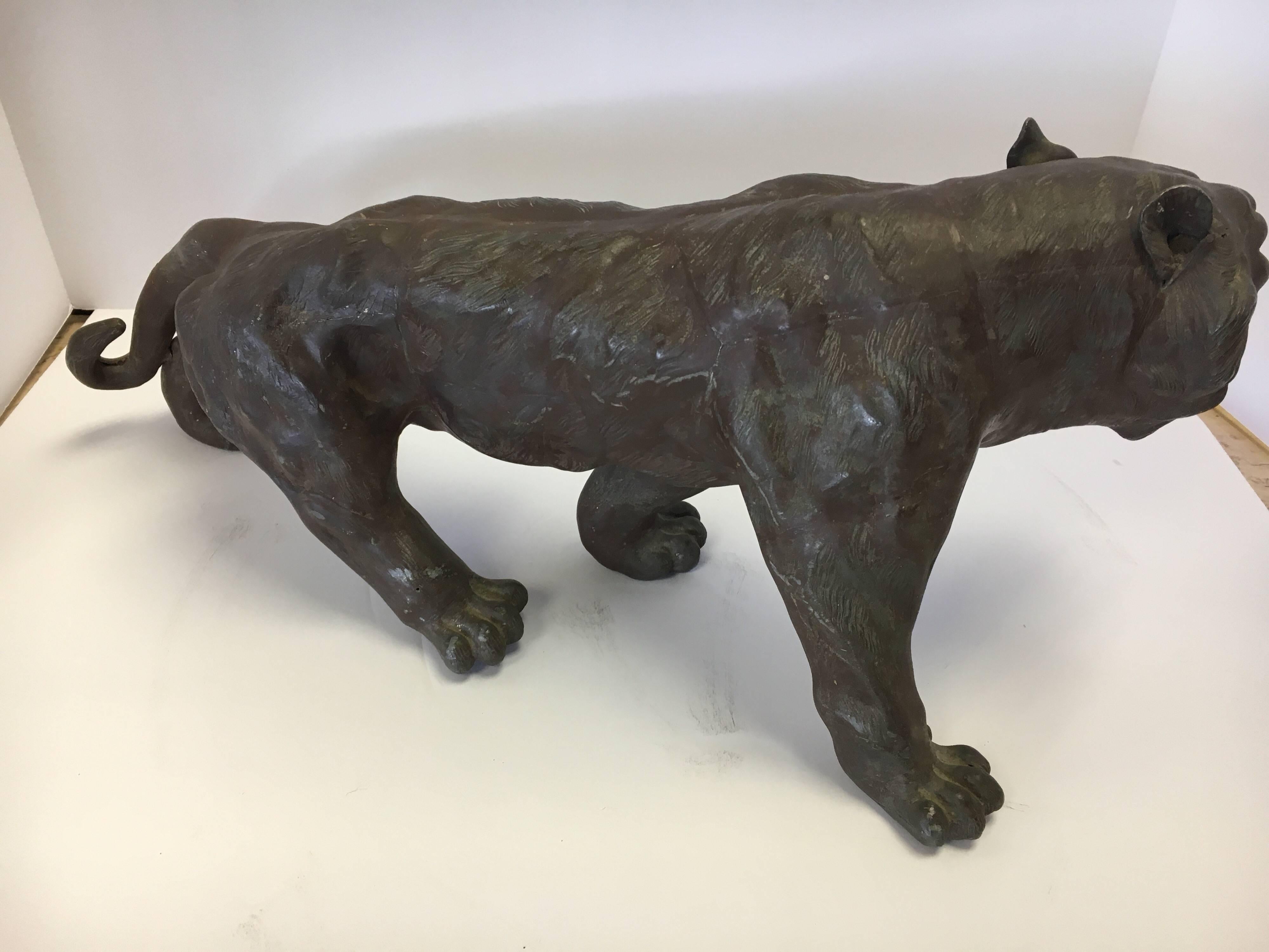 Metal Asian Panther Lion Tiger Ebony Gunmetal Sculpture, Late 19th Century