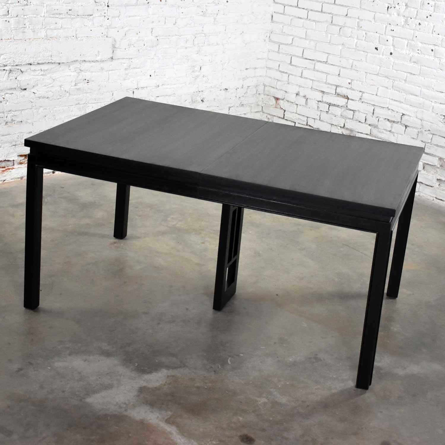 Mid-Century Modern Asian Parson Style Black Extension Dining Table with Two Aproned Leaves For Sale