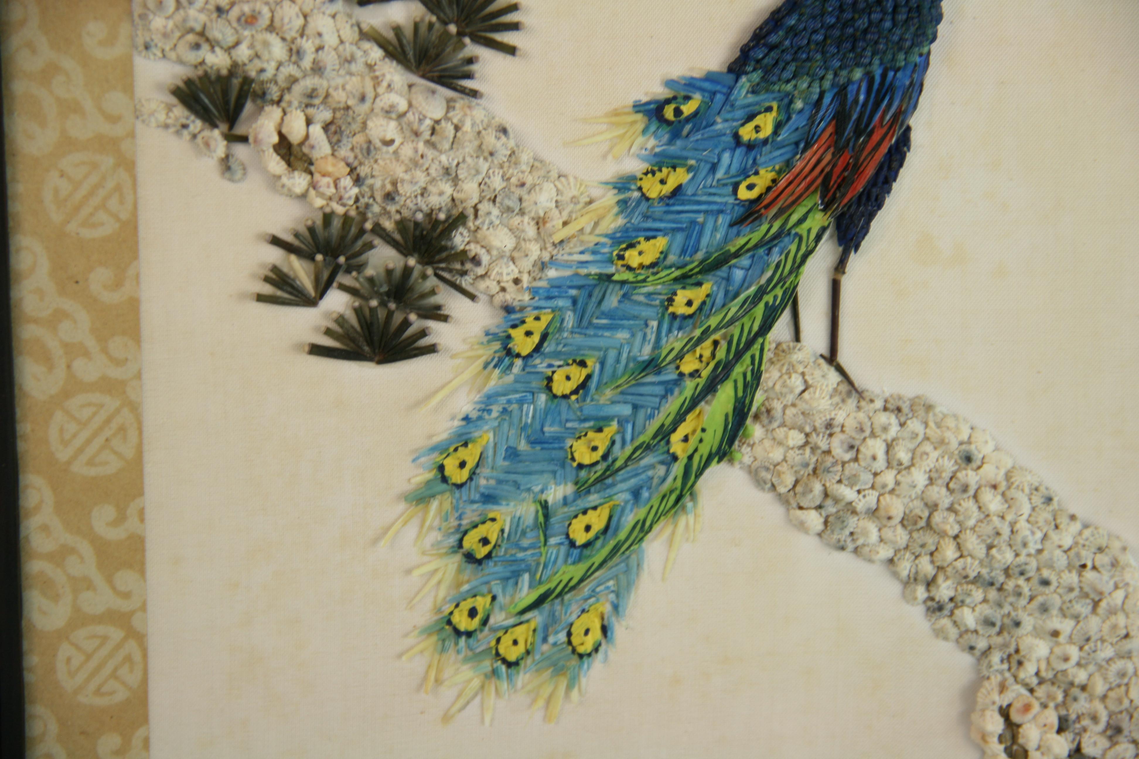 Asian Hand Made Peacock with Shells and Seeds    Wall Decoration 1940 In Good Condition For Sale In Douglas Manor, NY