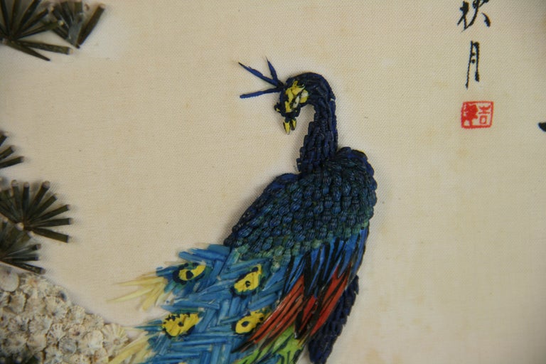 Asian Hand Made Peacock with Shells and Seeds    Wall Decoration 1940 For Sale 5