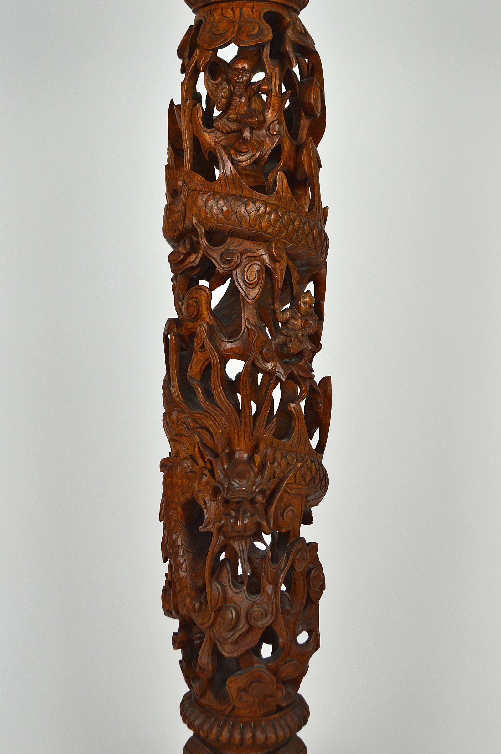Late 19th Century Asian Pedestal Table in Carved Wood on a Mythological Theme, circa 1890 For Sale