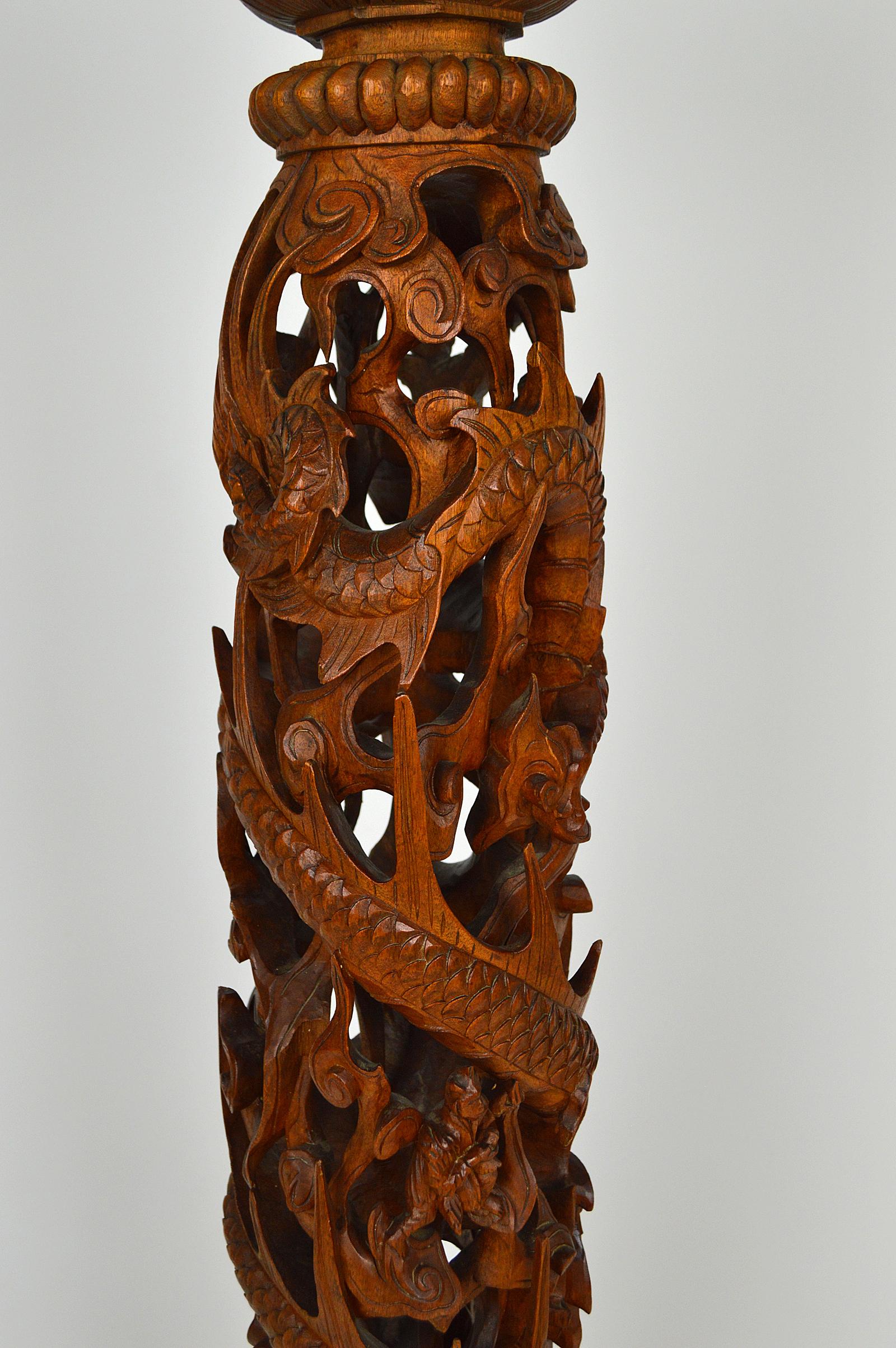 Asian Pedestal Table in Carved Wood on a Mythological Theme, circa 1890 For Sale 1