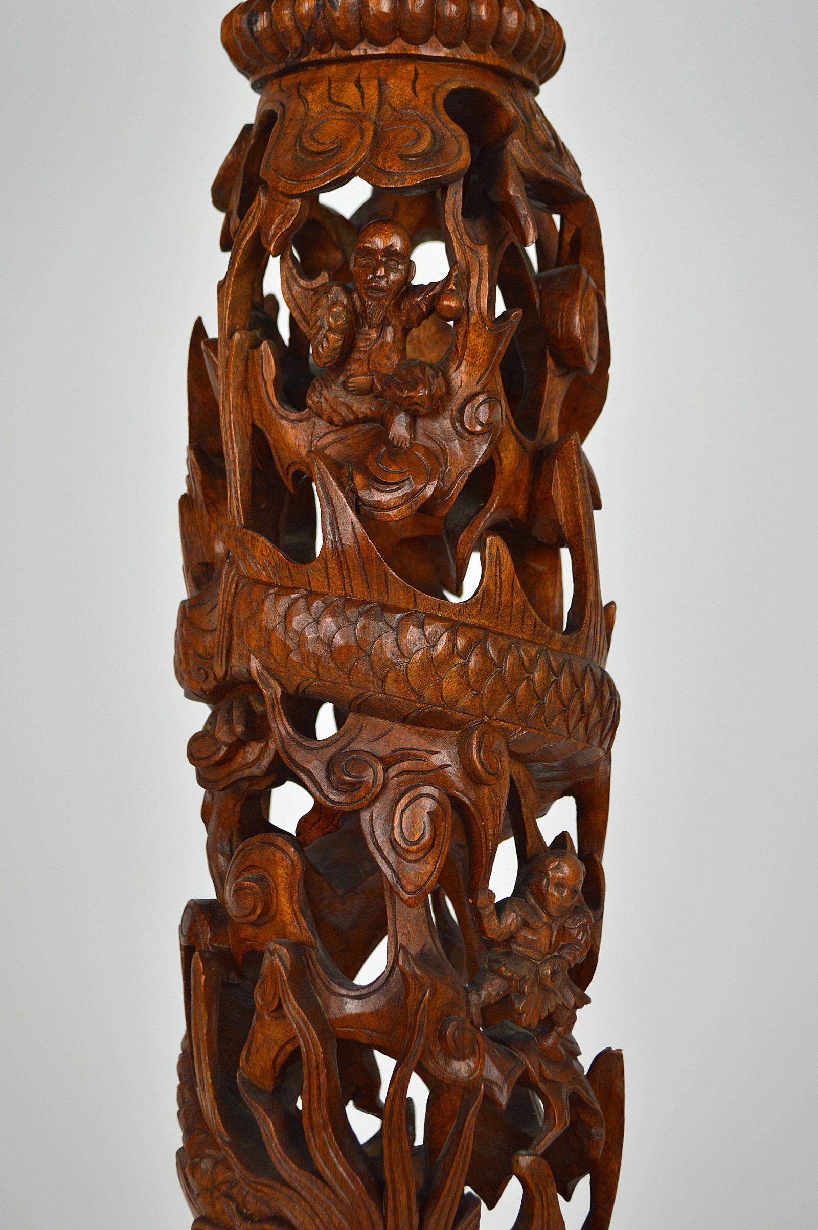 Asian Pedestal Table in Carved Wood on a Mythological Theme, circa 1890 For Sale 2