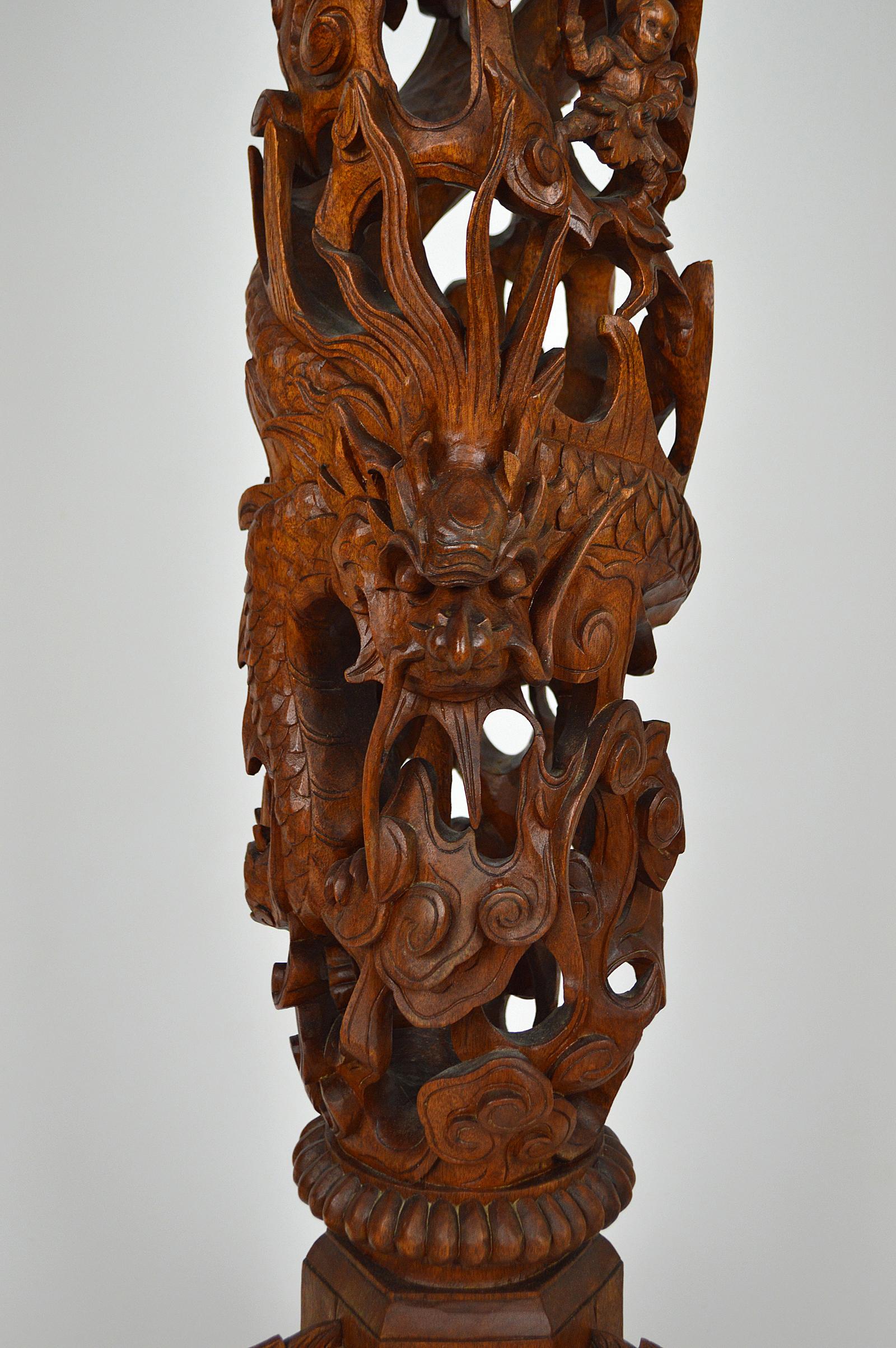 Asian Pedestal Table in Carved Wood on a Mythological Theme, circa 1890 For Sale 3