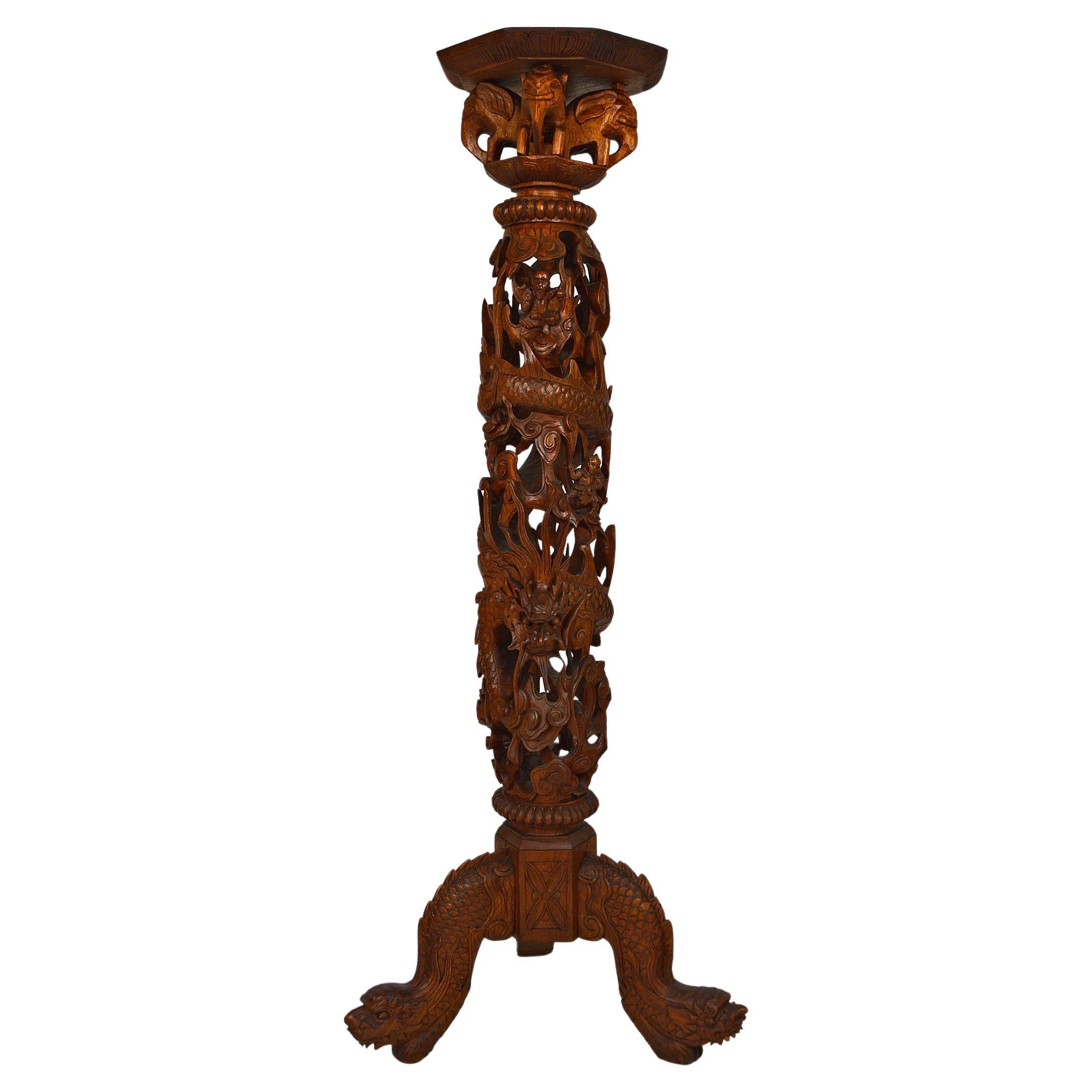 Asian Pedestal Table in Carved Wood on a Mythological Theme, circa 1890 For Sale