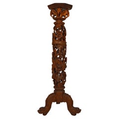 Antique Asian Pedestal Table in Carved Wood on a Mythological Theme, circa 1890