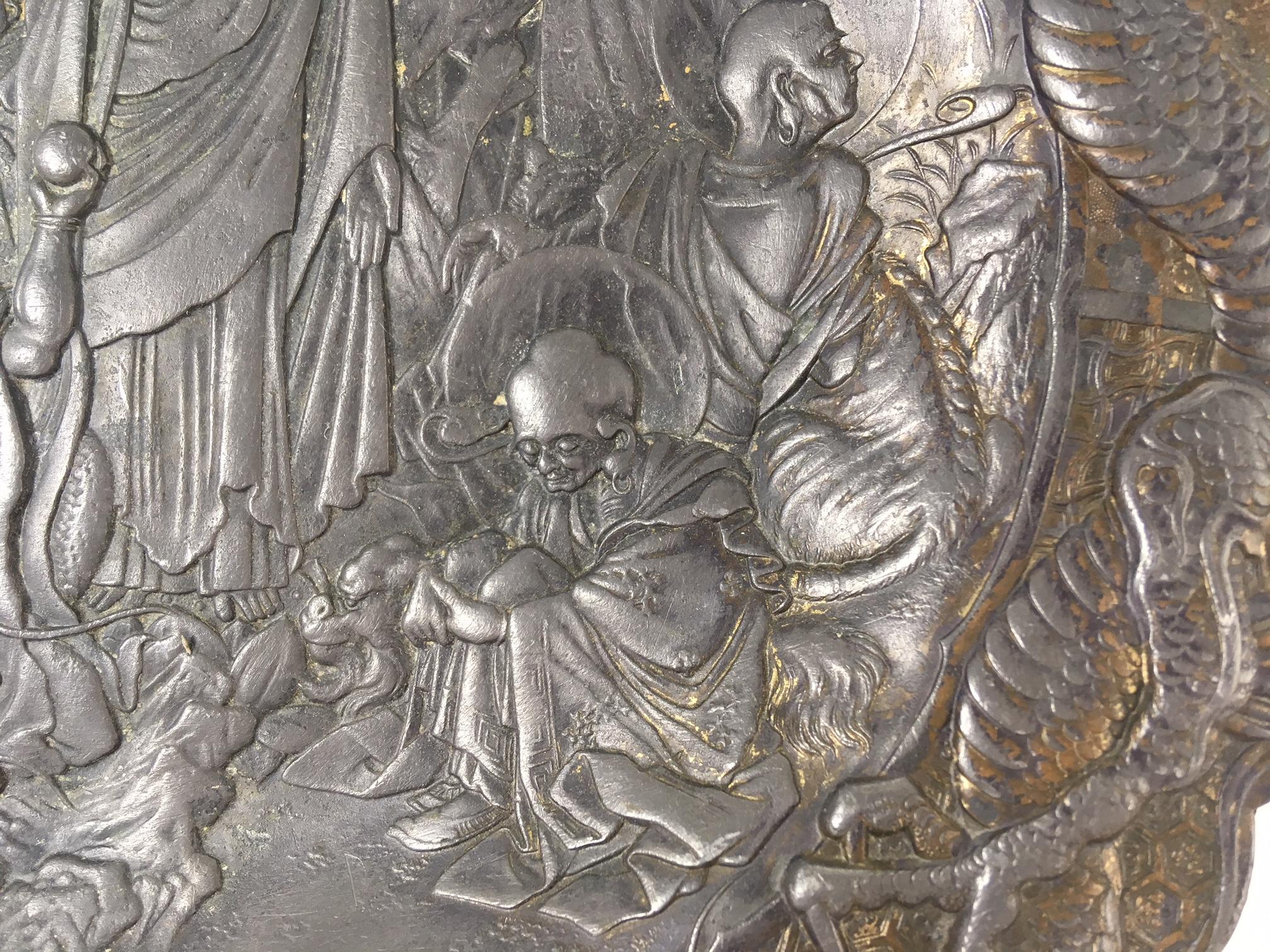 Asian Pewter Plate with Bodhisattva in the Garden, 19th Century In Good Condition In Budapest, HU