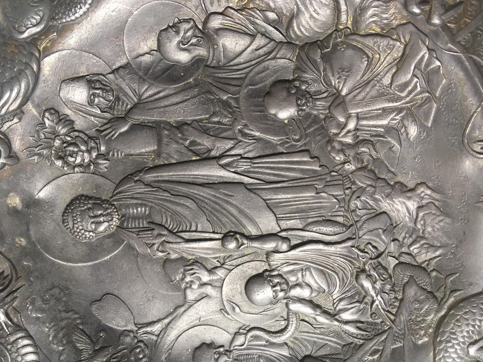 Asian Pewter Plate with Bodhisattva in the Garden, 19th Century 1