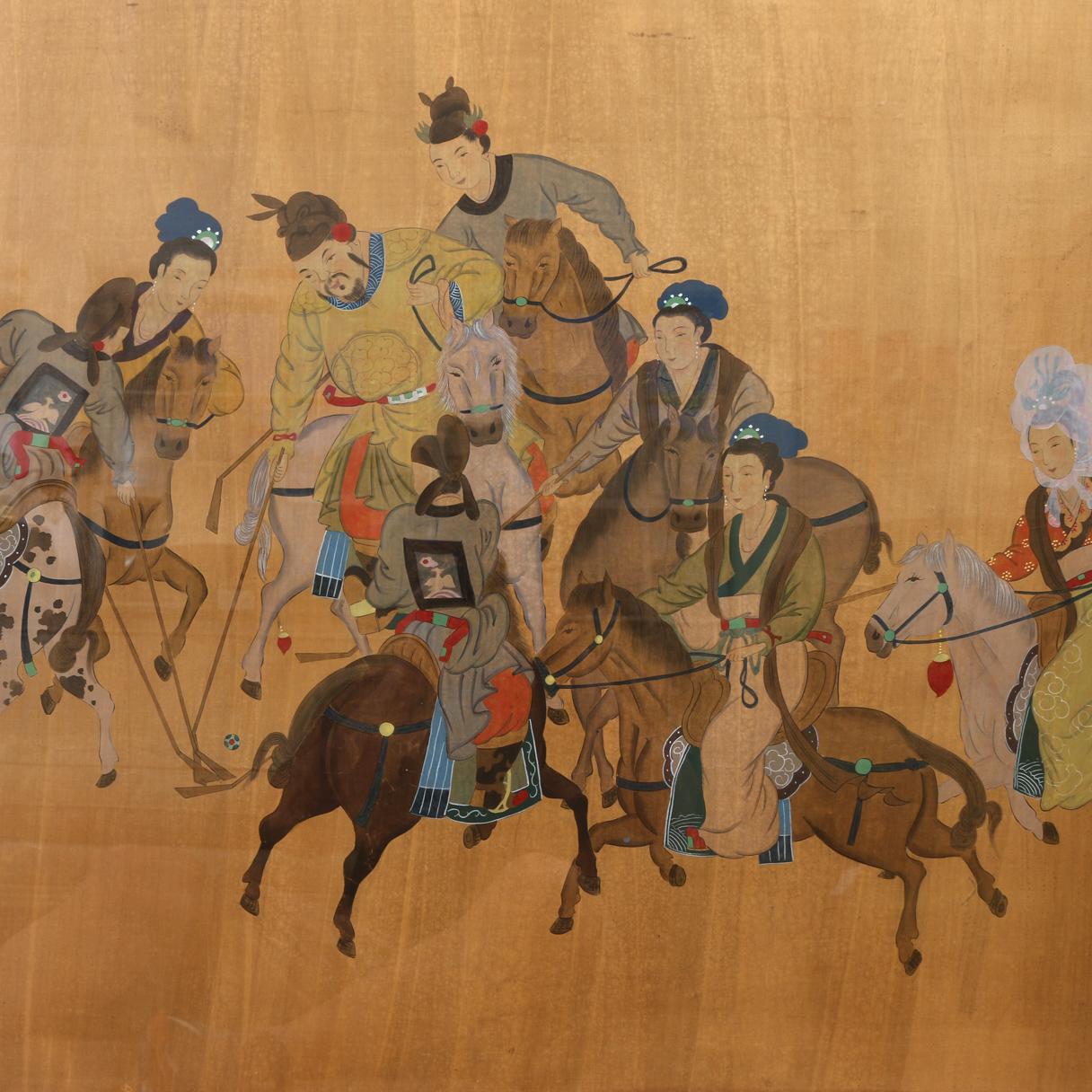 Large hand painted Asian polo scene on paper in gold frame.