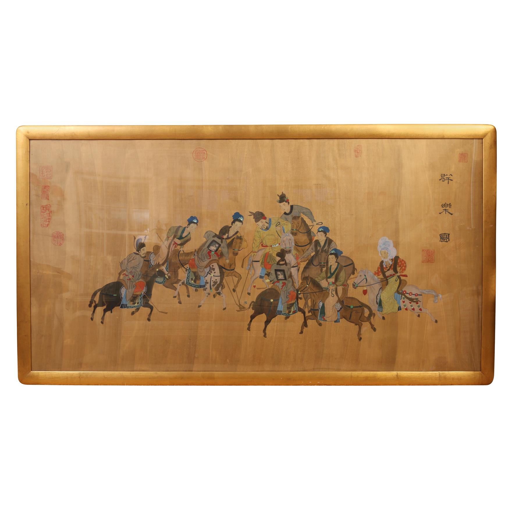 Asian Polo Scene on Paper in Gold Frame In Good Condition In Locust Valley, NY