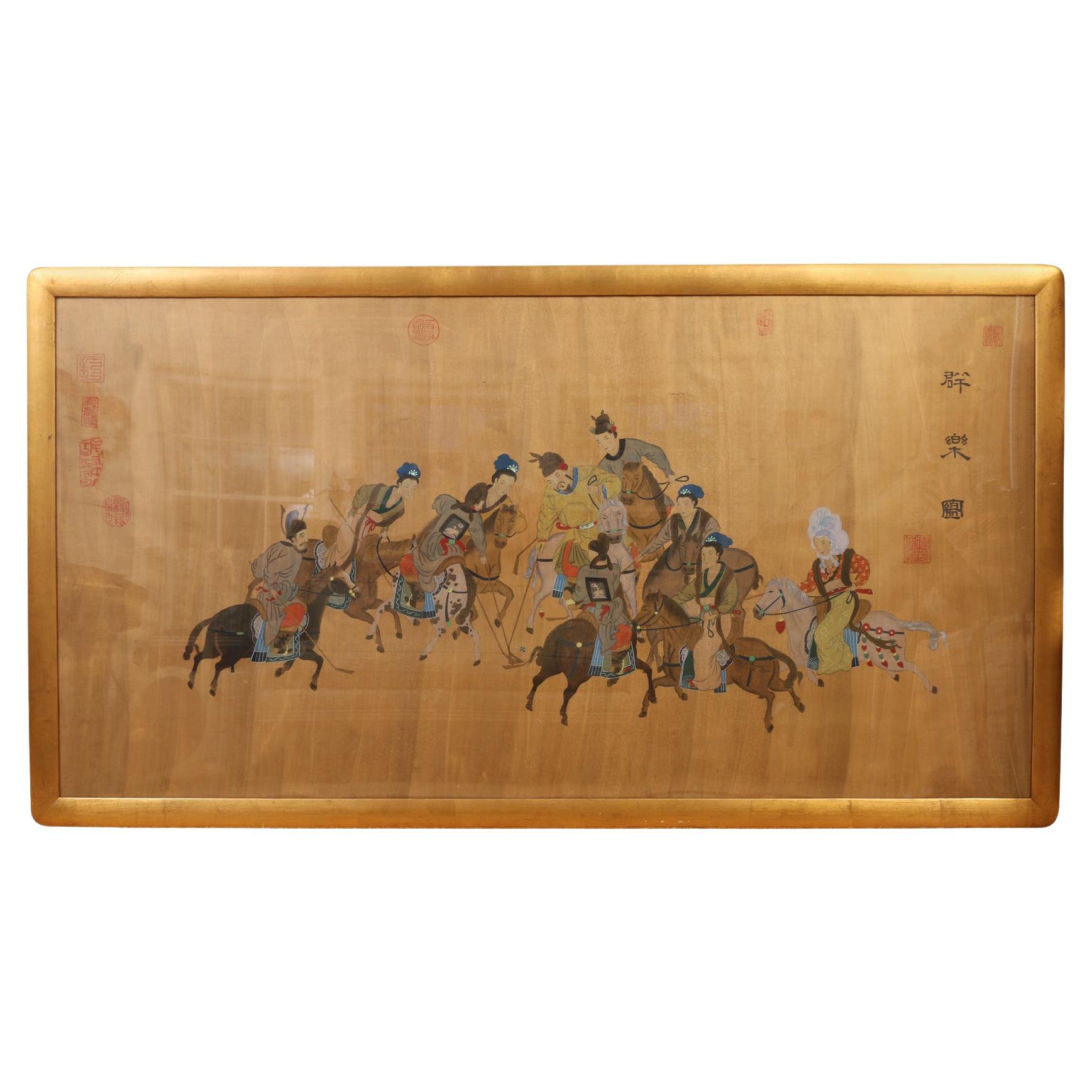 Asian Polo Scene on Paper in Gold Frame