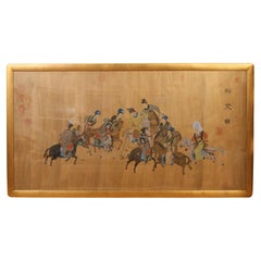 Vintage Asian Polo Scene on Paper in Gold Frame