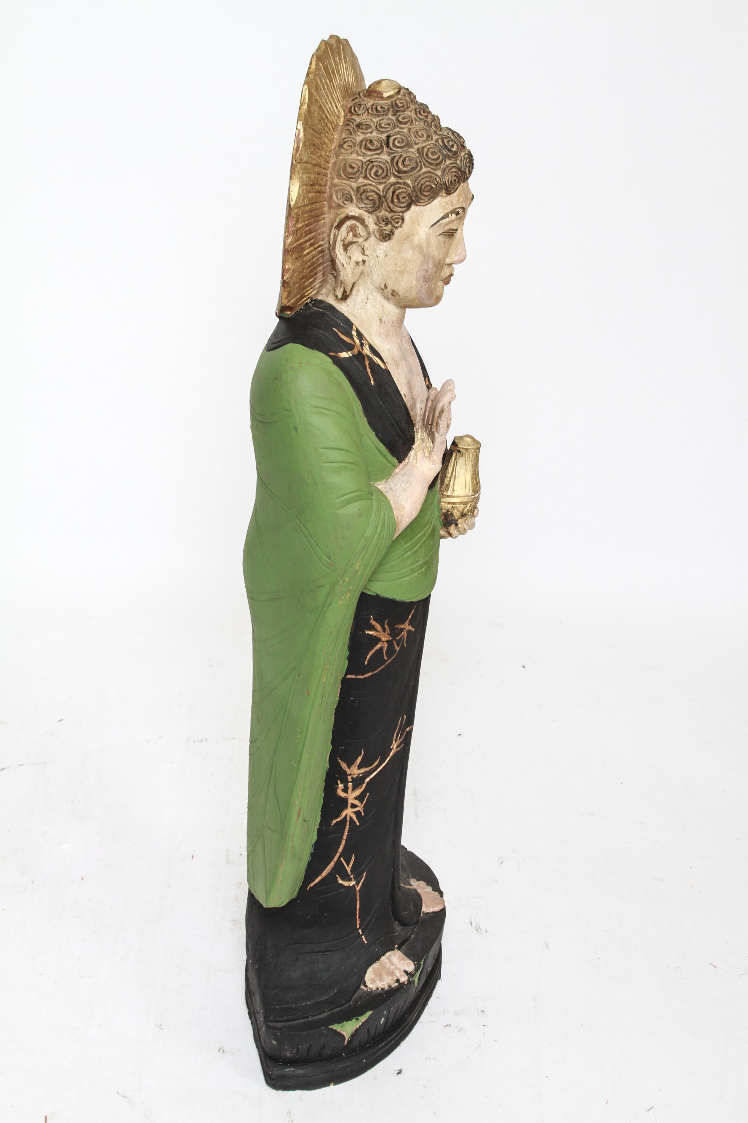 Wood Asian Polychrome Molded Guanyin Statue