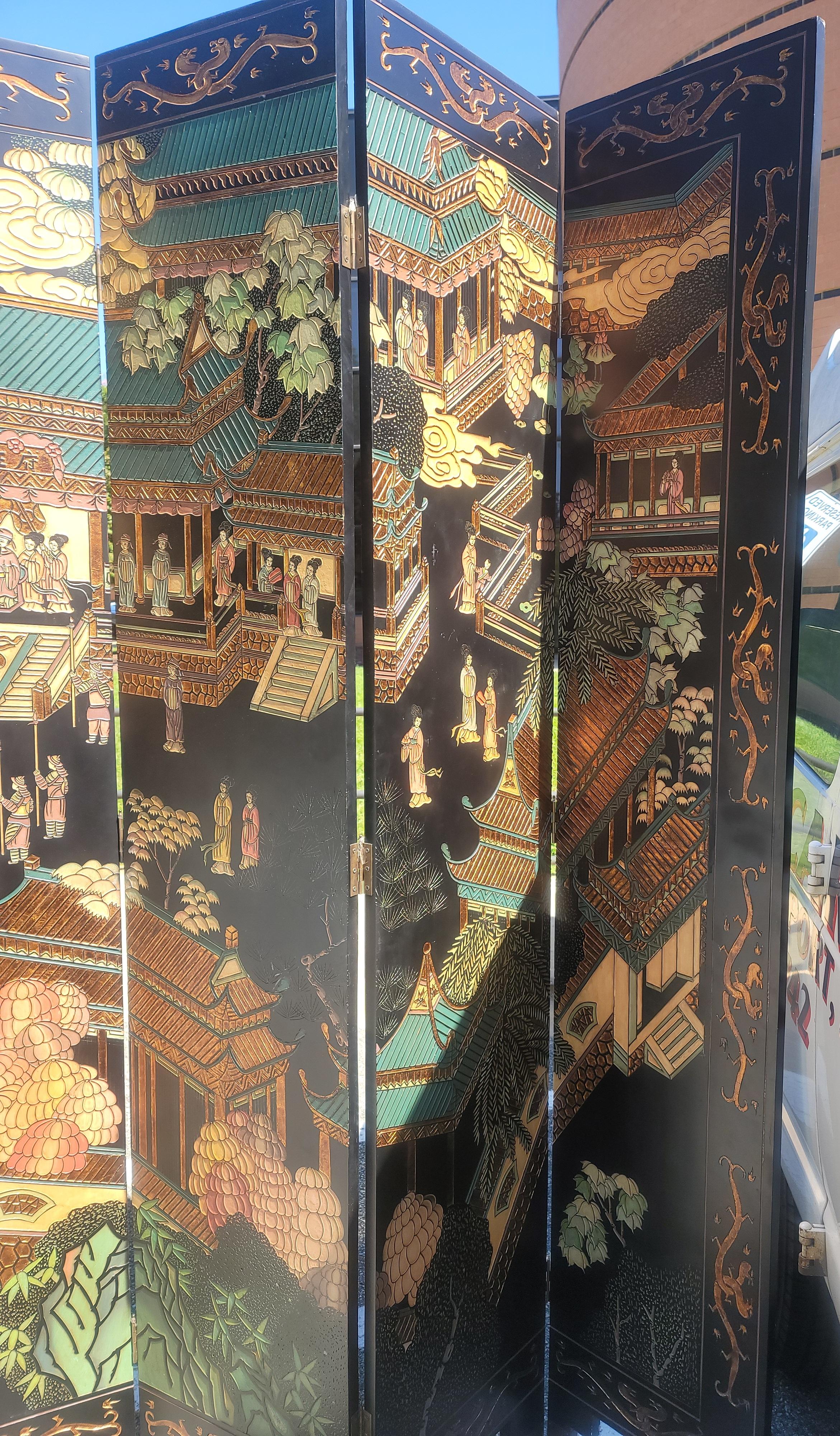 Chinoiserie Asian Polychrome Coromandel Black Lacquer Enamel Eight-Panel Court Floor Screen For Sale