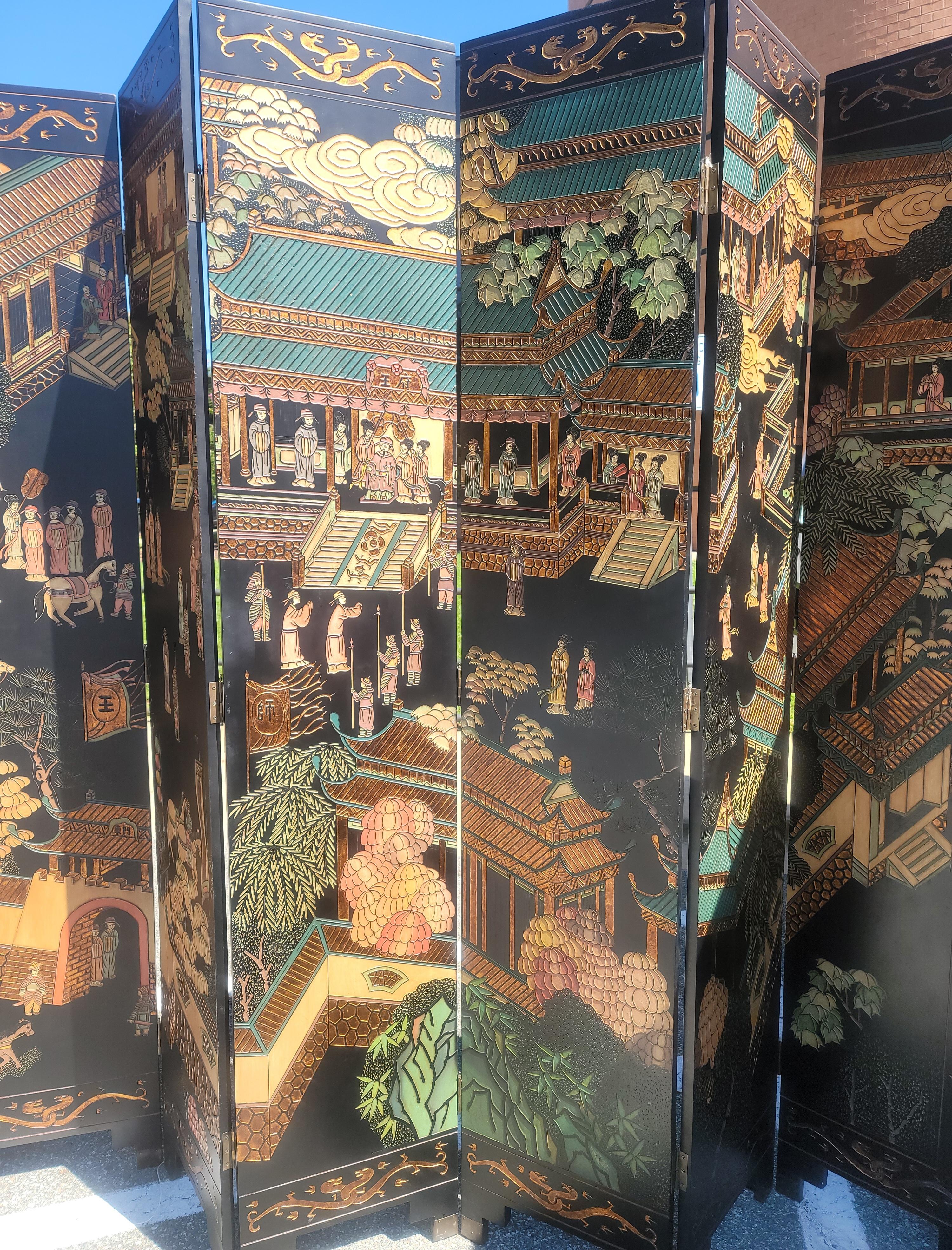 Chinese Asian Polychrome Coromandel Black Lacquer Enamel Eight-Panel Court Floor Screen For Sale