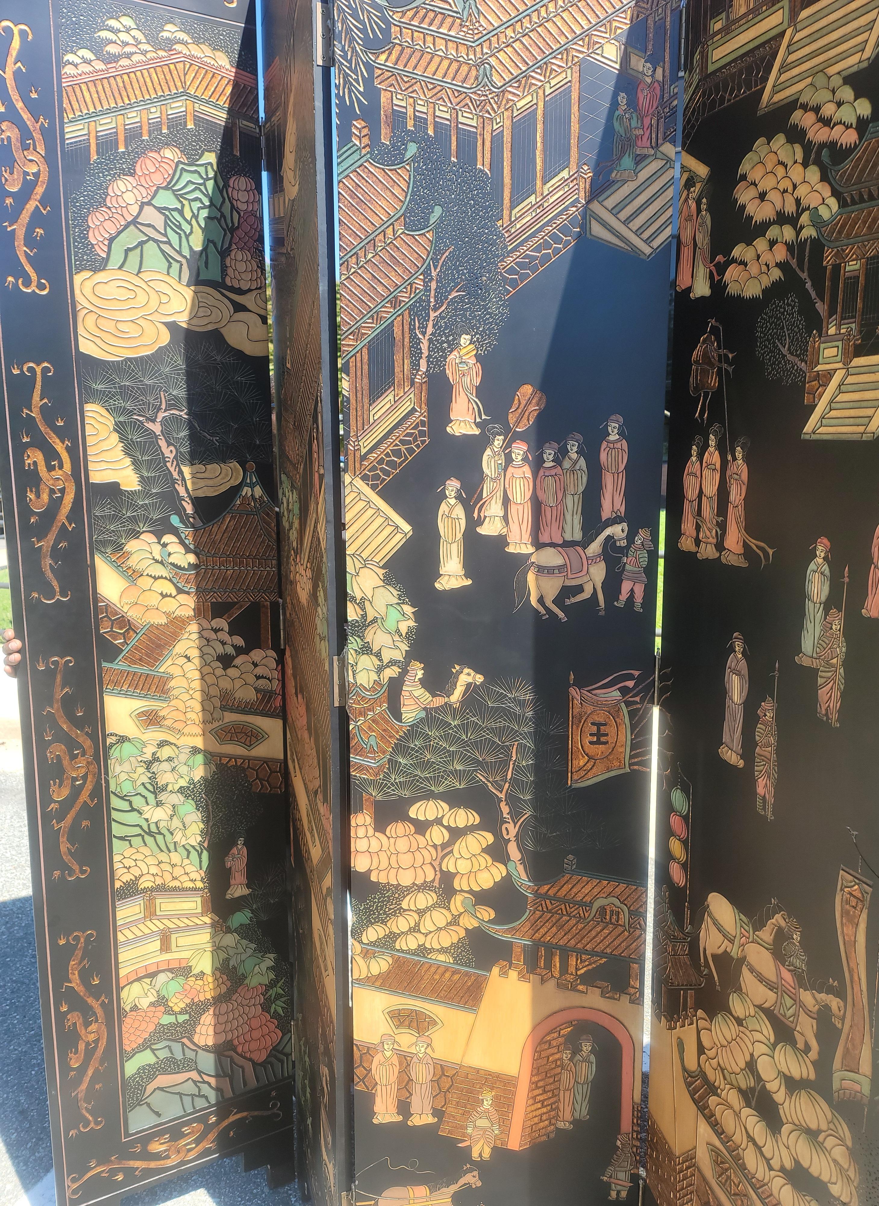 Hand-Painted Asian Polychrome Coromandel Black Lacquer Enamel Eight-Panel Court Floor Screen For Sale