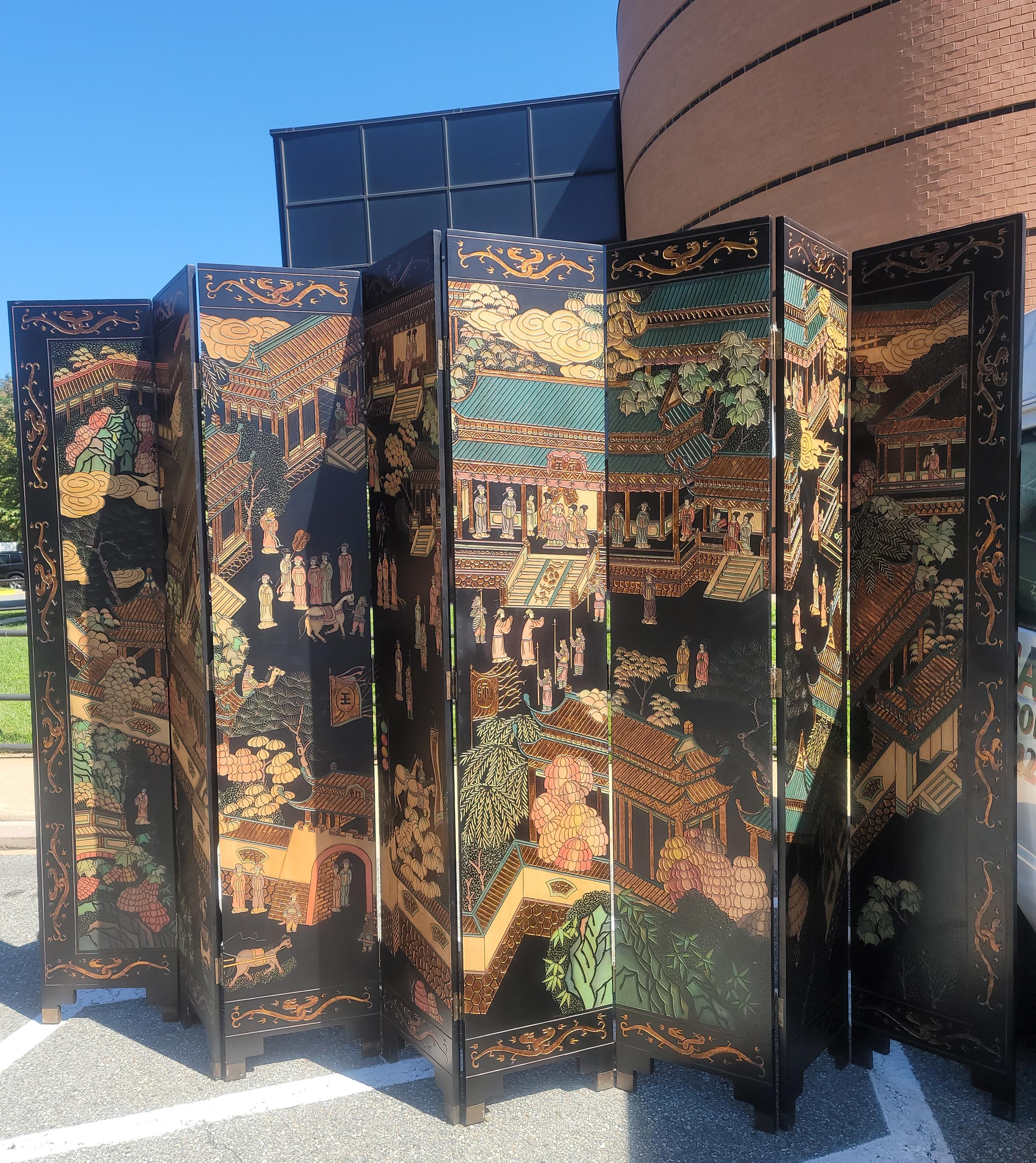 20th Century Asian Polychrome Coromandel Black Lacquer Enamel Eight-Panel Court Floor Screen For Sale