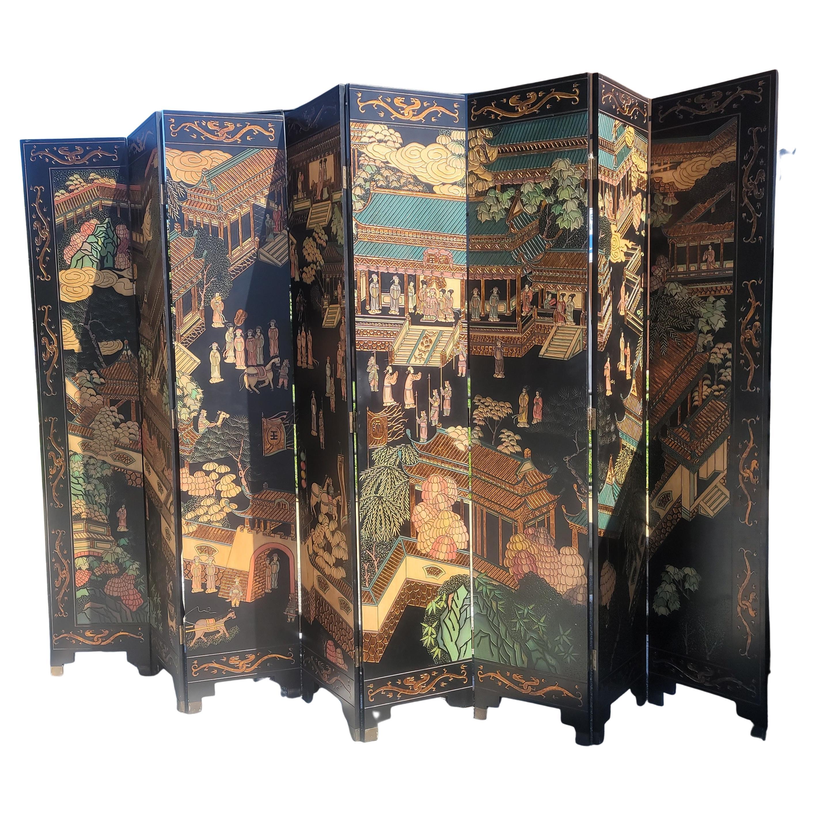 Asian Polychrome Coromandel Black Lacquer Enamel Eight-Panel Court Floor Screen For Sale