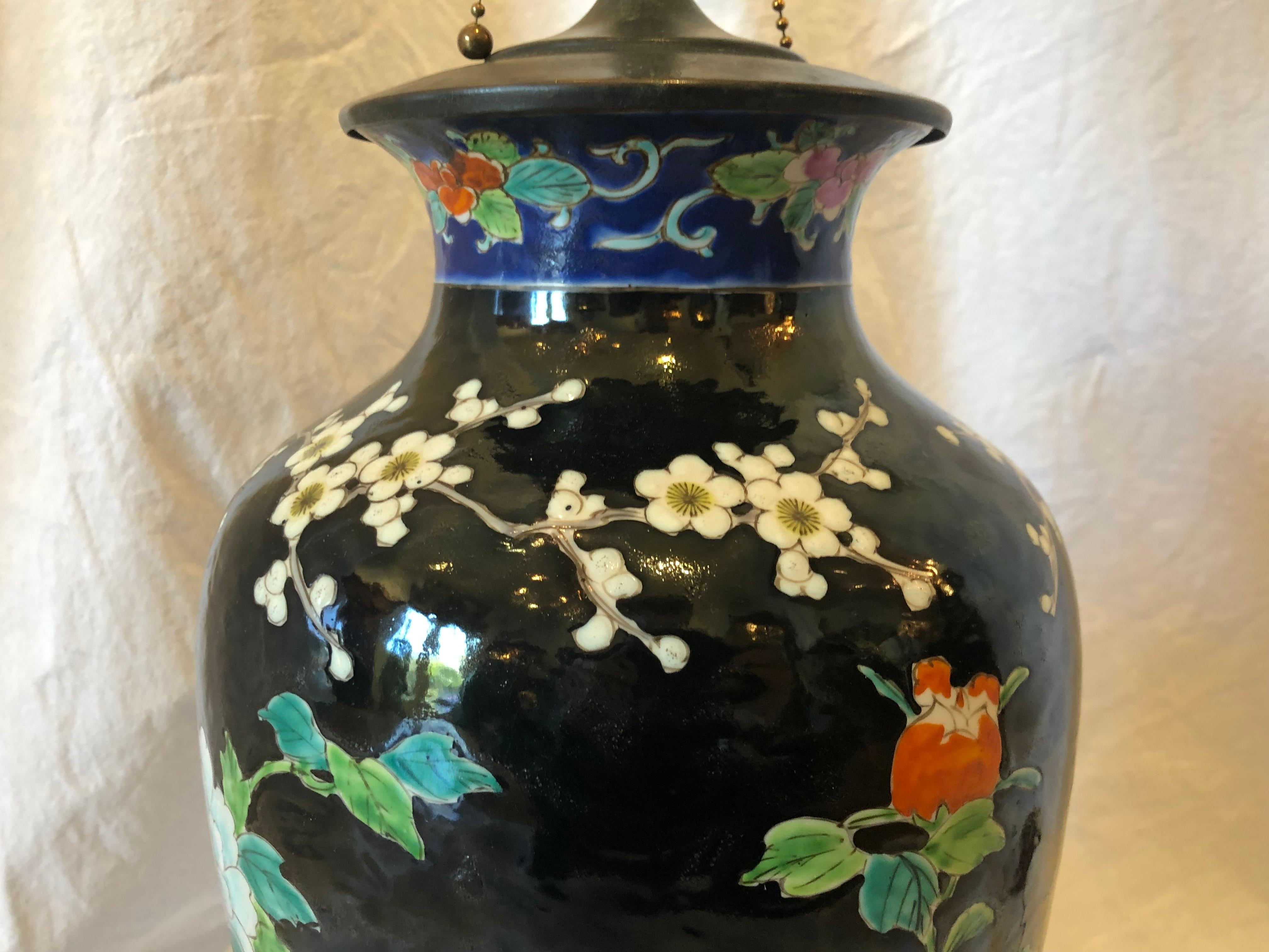 20th Century Asian Porcelain Vase Table Lamp, Black Ground, Phoenix Bird and Flower Motif For Sale