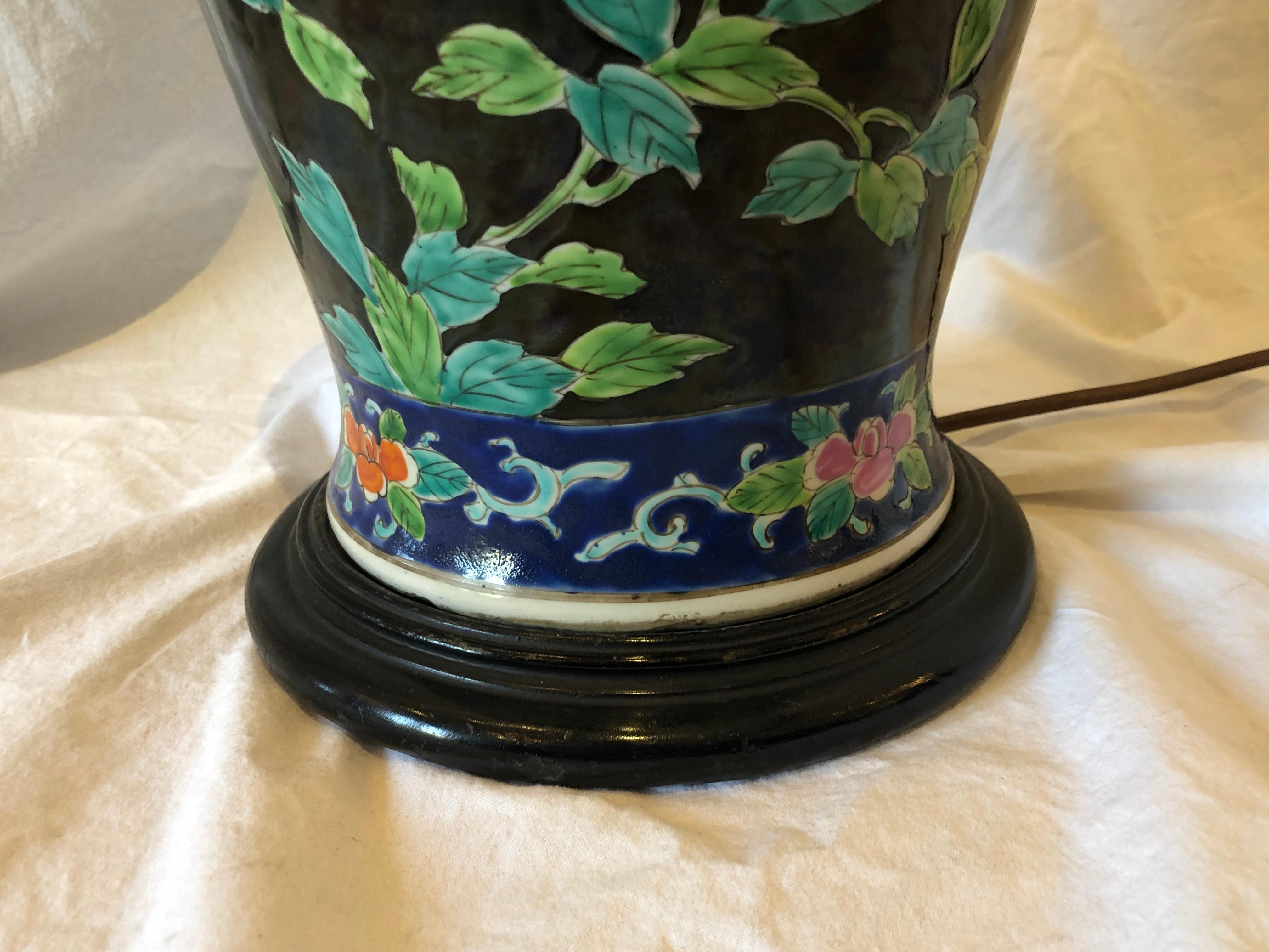 Asian Porcelain Vase Table Lamp, Black Ground, Phoenix Bird and Flower Motif For Sale 1