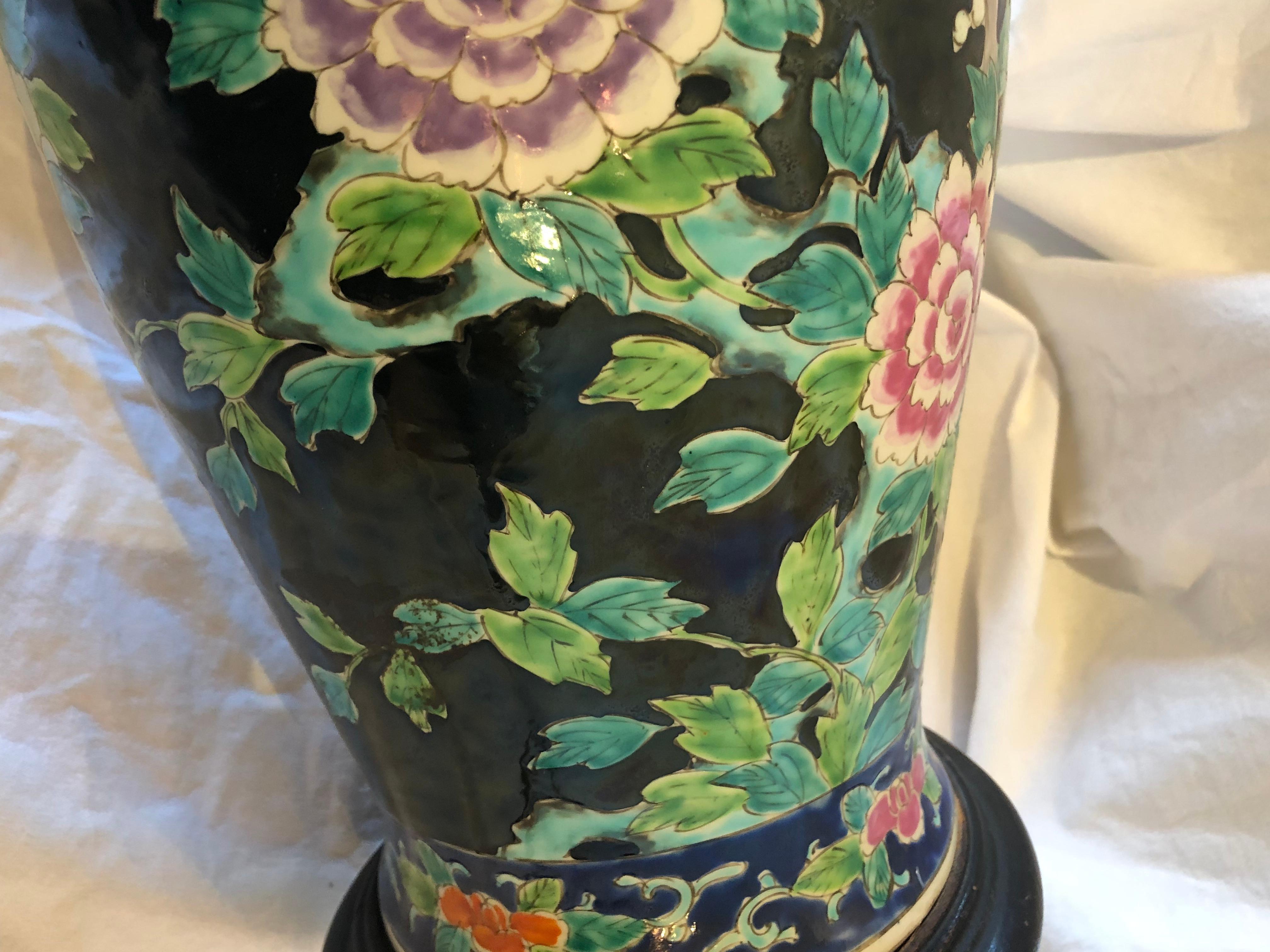 Asian Porcelain Vase Table Lamp, Black Ground, Phoenix Bird and Flower Motif For Sale 2