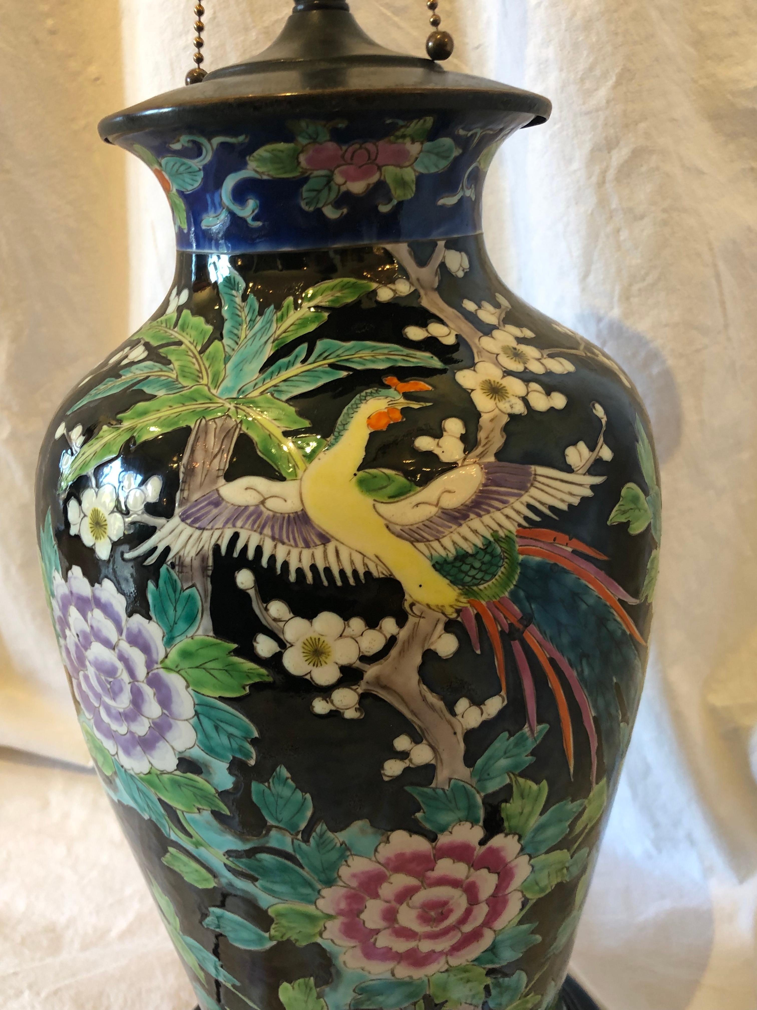 Asian Porcelain Vase Table Lamp, Black Ground, Phoenix Bird and Flower Motif For Sale 3