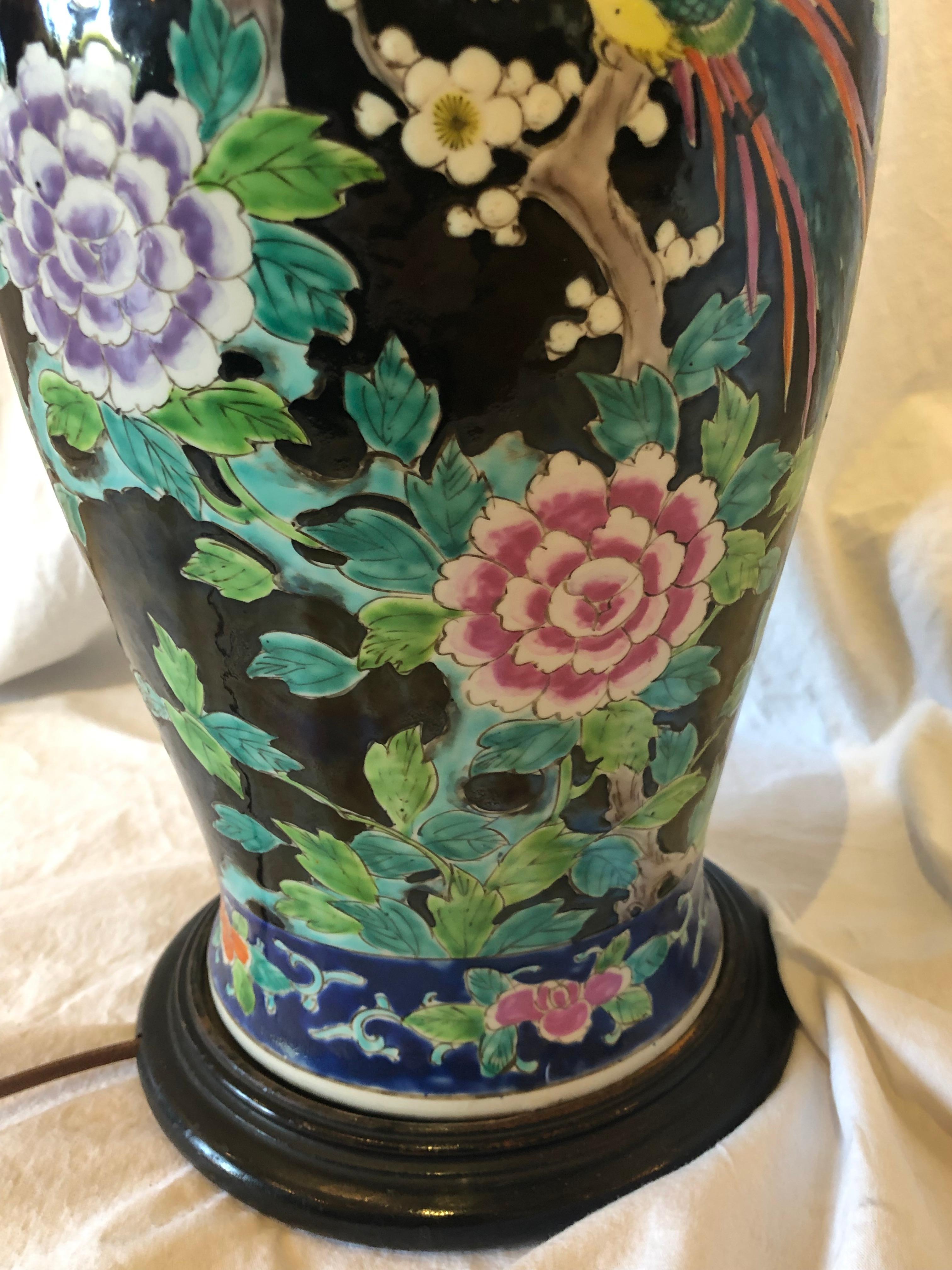 Asian Porcelain Vase Table Lamp, Black Ground, Phoenix Bird and Flower Motif For Sale 4