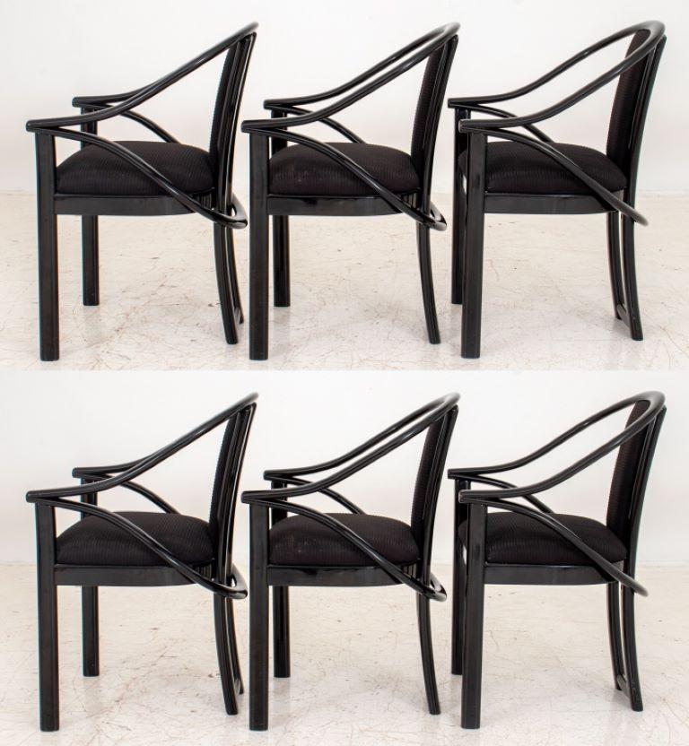 Asian Postmodern black lacquer double-horseshoe dining chairs, six (6), each with twinned upper and lower horseshoe back supports with a central upholstered back splat and shaped upholstered seat, on twinned legs.

Dealer: S138XX