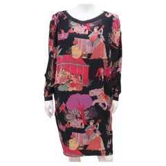 Asian Print Black Silk Shift Dress With Dolman Sleeves, 1980's