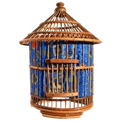 Asian Rattan Bird Cage Pagoda Lantern Lamp with Batik Fabric