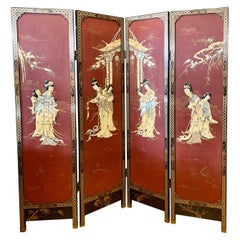 Asian Red Four Panel Carved Room Divider Folding Screen