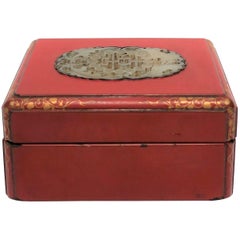 Vintage Asian Red Ox Blood Lacquer Box with Chinese White Jade Top