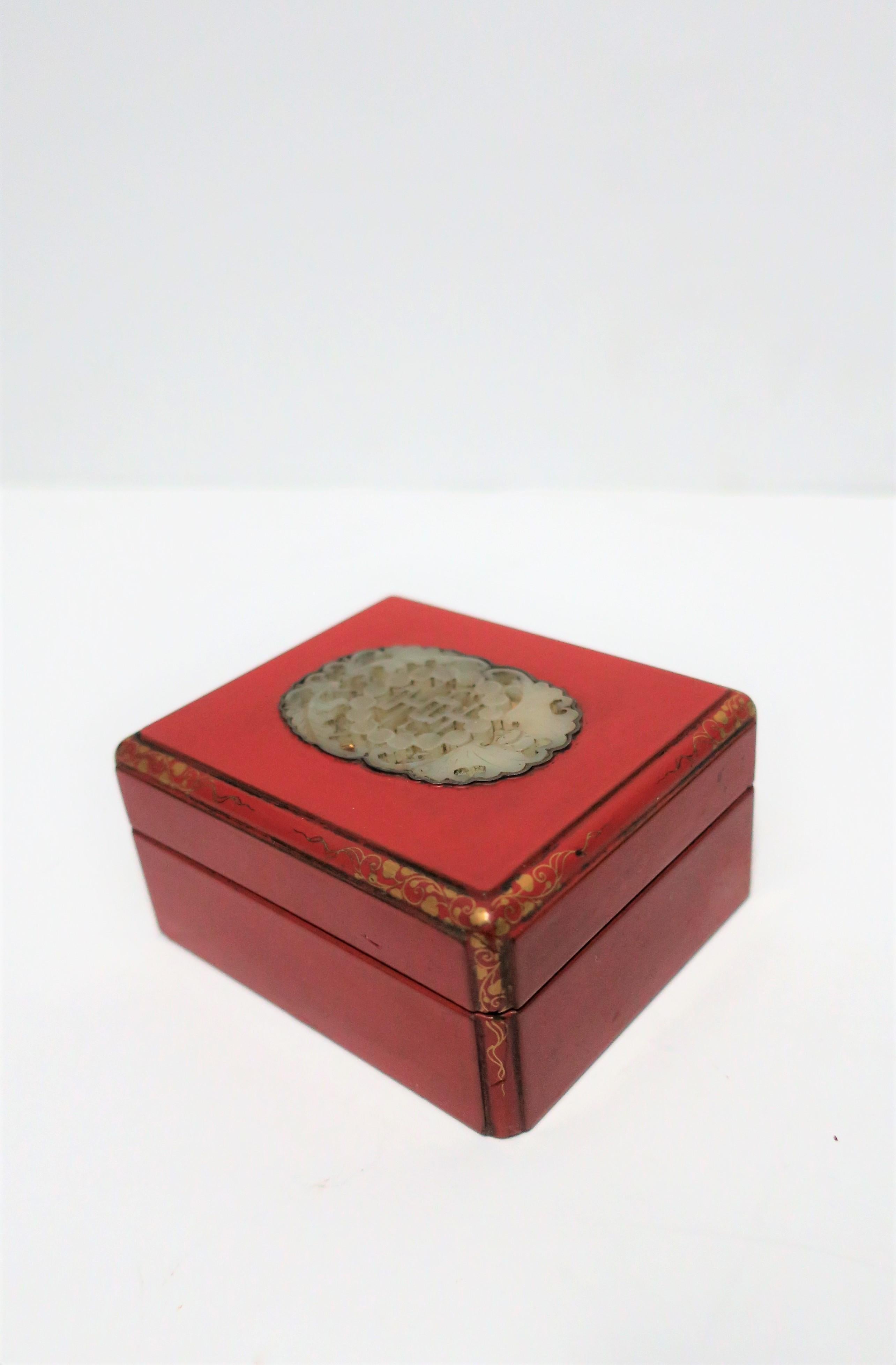 Art Deco Asian Red Ox Blood Lacquer Box with Chinese White Jade Top