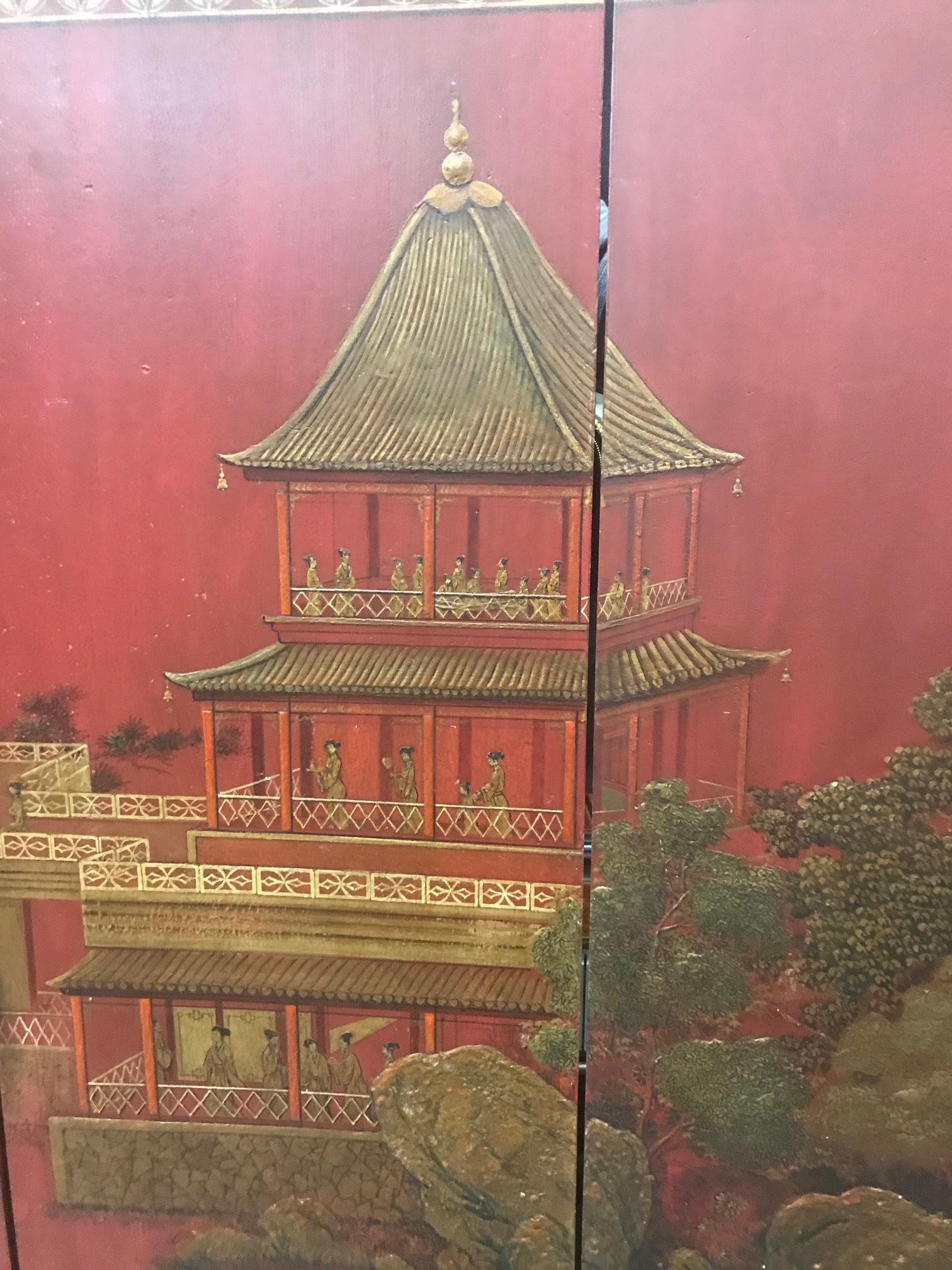 Asian Red Polychromed and Parcel Gilt Four Panel Screen 6