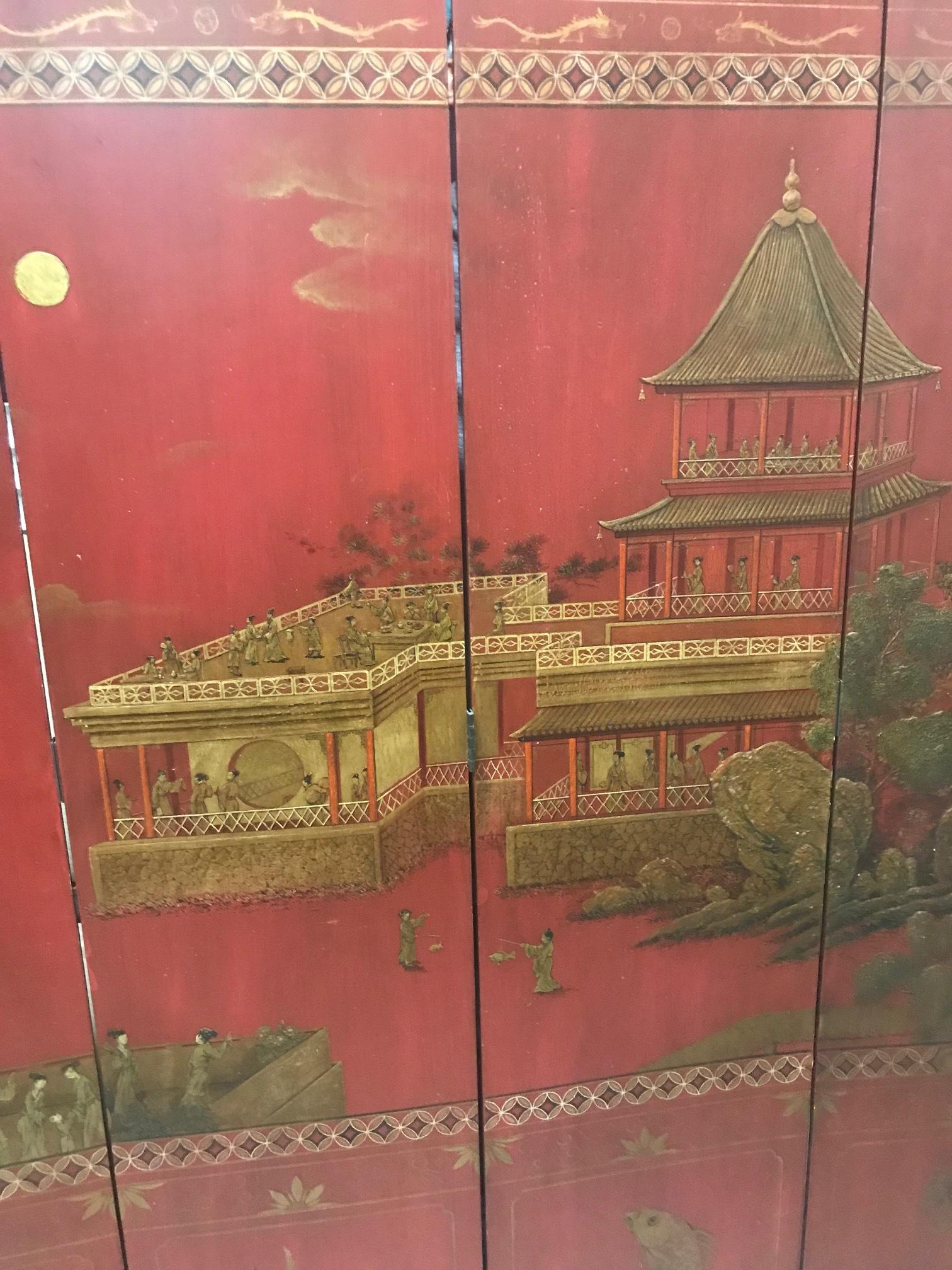 Asian Red Polychromed and Parcel Gilt Four Panel Screen 7
