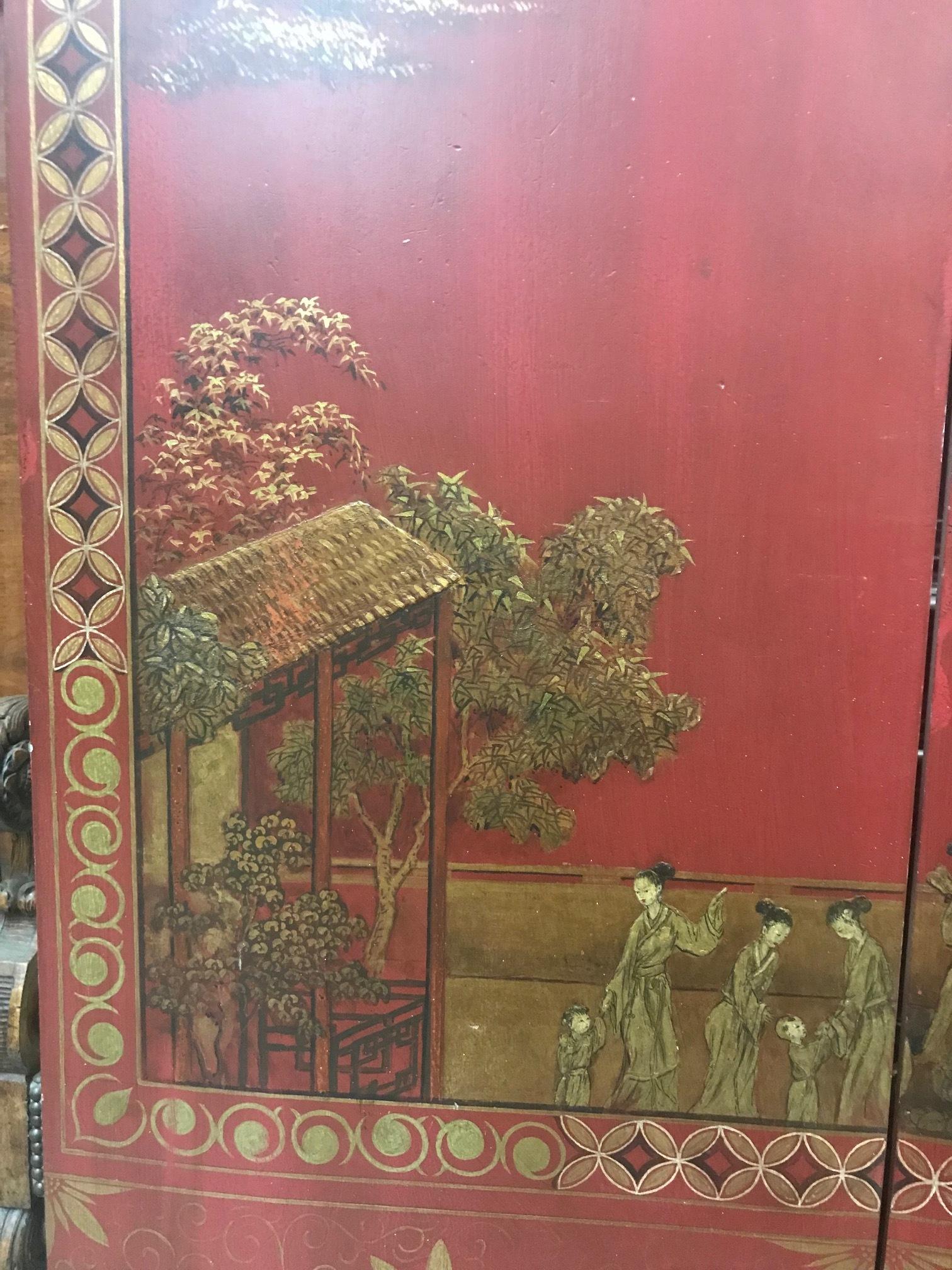 Attractive 19 century Asian red polychromed and parcel gilt four panel floor screen.
Beautifully gold and red decorated with gesso depicting Asian garden full of birds, cranes, waterfalls, trees and flowers.
The back also decorated showing a