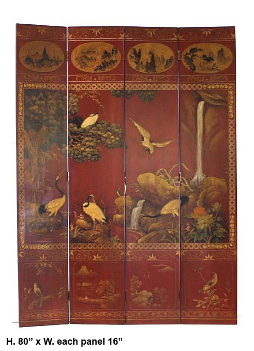 Asian Red Polychromed and Parcel Gilt Four Panel Screen In Good Condition In Cypress, CA