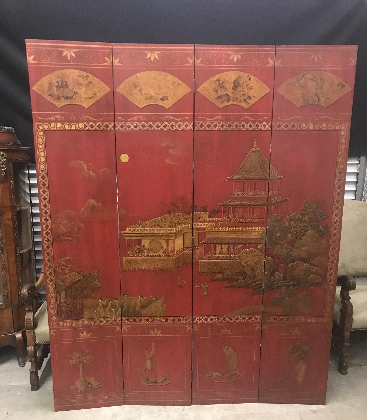 20th Century Asian Red Polychromed and Parcel Gilt Four Panel Screen