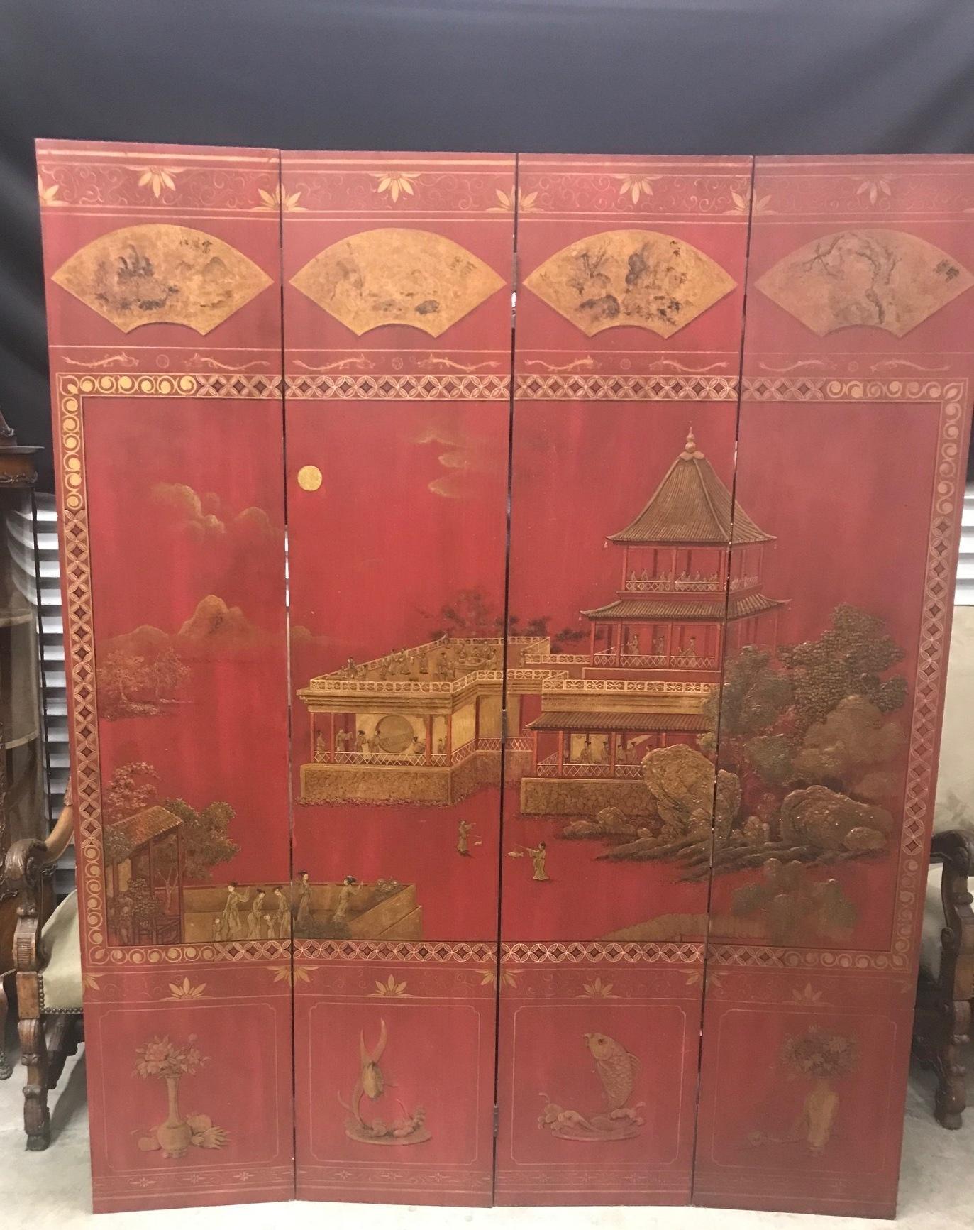 Fruitwood Asian Red Polychromed and Parcel Gilt Four Panel Screen