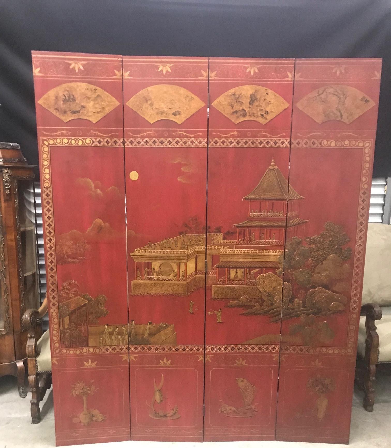 Asian Red Polychromed and Parcel Gilt Four Panel Screen 1