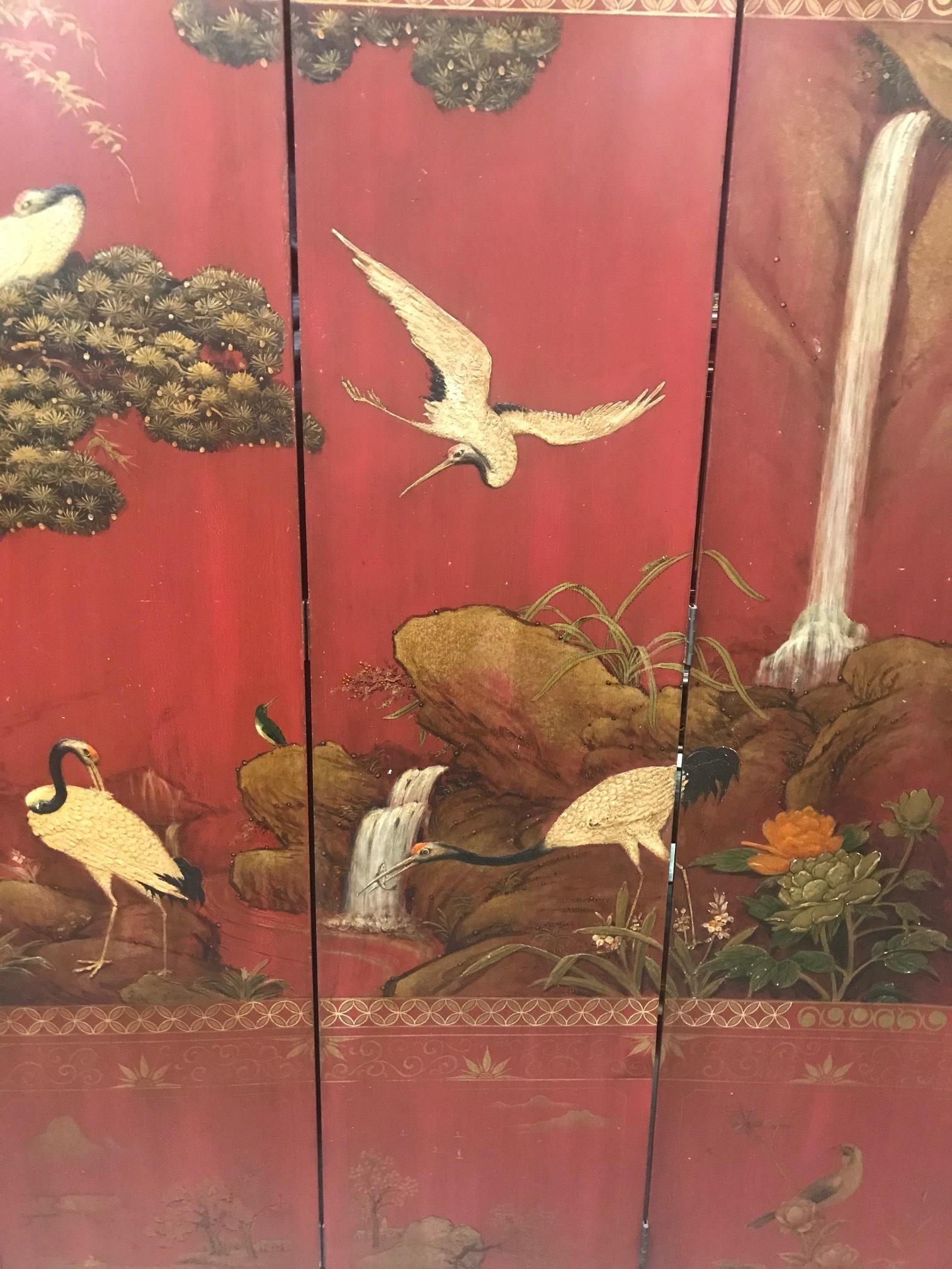 Asian Red Polychromed and Parcel Gilt Four Panel Screen 2